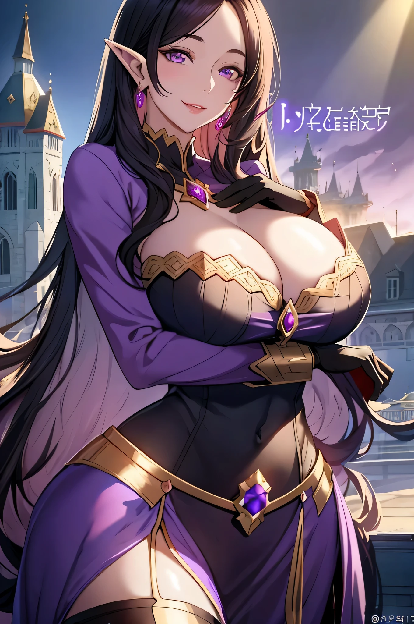 Lian, long black hair, long elf ears, hair stick, bangs, violet eyes, solo, smiling, standing, upper body, hips, bare shoulders,purple thighhighs,violet dress, gold jewelry,armor,gloves,circlet, cleavage, red and gold royal castle, gigantic breasts, (best quality, masterpiece, beautiful and aesthetic:1.2, highest detailed face, perfect face,) eyes, perfect face,expressive eyes,
looking at viewer, in the center of the image,(Upper_body),(Focus on her face),
official art,extremely detailed CG unity 8k wallpaper, perfect lighting,Colorful, Bright_Front_face_Lighting,shiny skin,
(masterpiece:1.0),(best_quality:1.0), ultra high res,4K,ultra-detailed