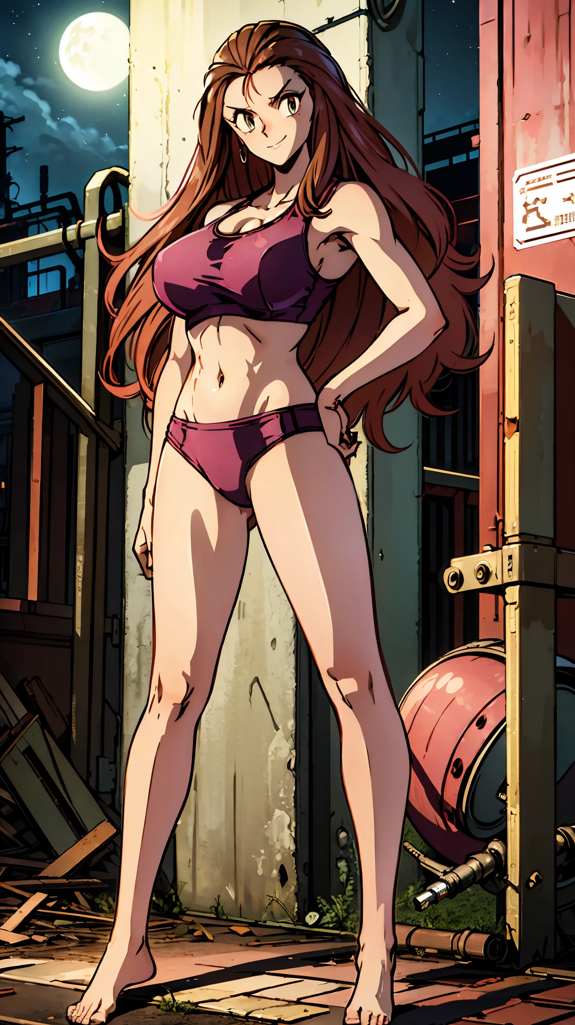 ((Masterpiece)), ((best quality)), very detailed, Detailed background, 1 woman, wavy brown hair, conjunctivitis, sly face , smile , tank top, pink panties , abdomen, big breasts , Long legs , stand on your hips... , Barefoot , abandoned factory, at night