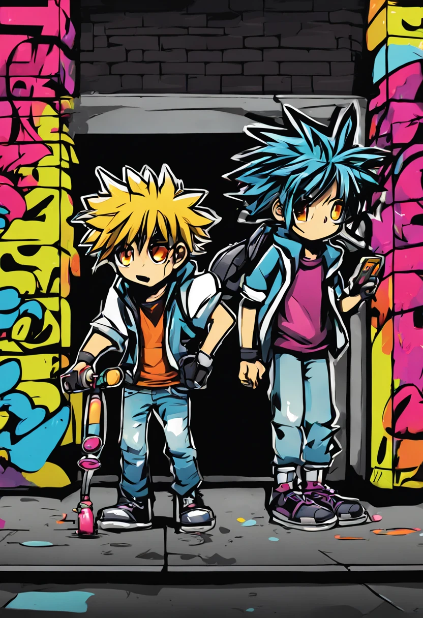 graffiti style comic {{Anime digital art} A graffiti manga illustration of two stylized anime characters painting graffiti art on a concrete wall at night. One character with spiky hair is painting bubble letters while the other character with long hair is drawing a cartoon robot character. The graffiti art is brightly colored in neon with thick black outlines in a vibrant graffiti style. The characters have daring expressions as they create street art. Background is a dark city street. Detailed night lighting. Drawn in Procreate.} . street art, vibrant, urban, detailed, tag, mural, graphic illustration, comic art, graphic novel art, vibrant, highly detailed