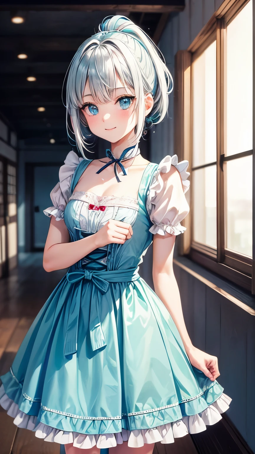 35 years old Japanese tidy lady ((small breast, very slender)), silver ponytail((short hair)), ((cyan highlights shaggy forelock, various colors highlights )), BREAK, dirndl ((pale pink, pale cyan)), tidy and eloquent face, dynamic pose, peeking over someone’s shoulder pose, friendly and beautiful smile, big droopy eyes (( shiny blue eye, shiny pale blue eye, heterochromia)), eyelashes, small mole under left eye, BREAK, tidy and pleasant atmosphere,((face focus))