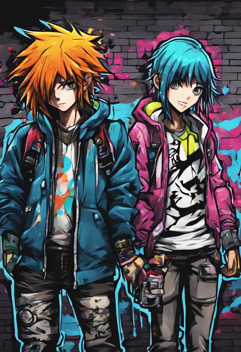 {Anime digital art} A graffiti manga illustration of two stylized anime characters painting graffiti art on a concrete wall at night. One character with spiky hair is painting bubble letters while the other character with long hair is drawing a cartoon robot character. The graffiti art is brightly colored in neon with thick black outlines in a vibrant graffiti style. The characters have daring expressions as they create street art. Background is a dark city street. Detailed night lighting. Drawn in Procreate.