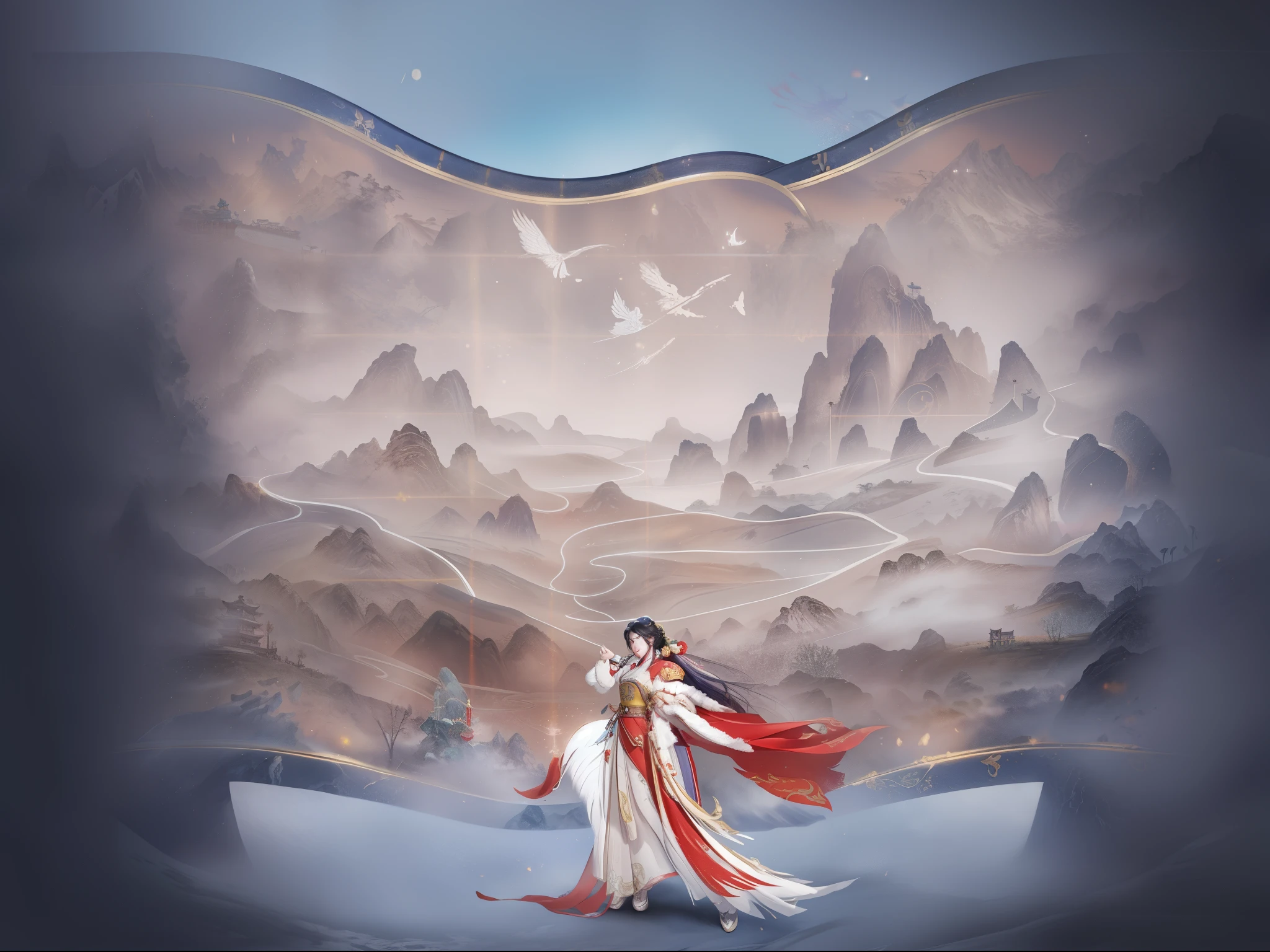 A Mulan, There is a huge scroll in the background, Chinese style landscape painting on scroll,There is fog in the foreground,Game scene design,League of Legends design style,high quality details,8K