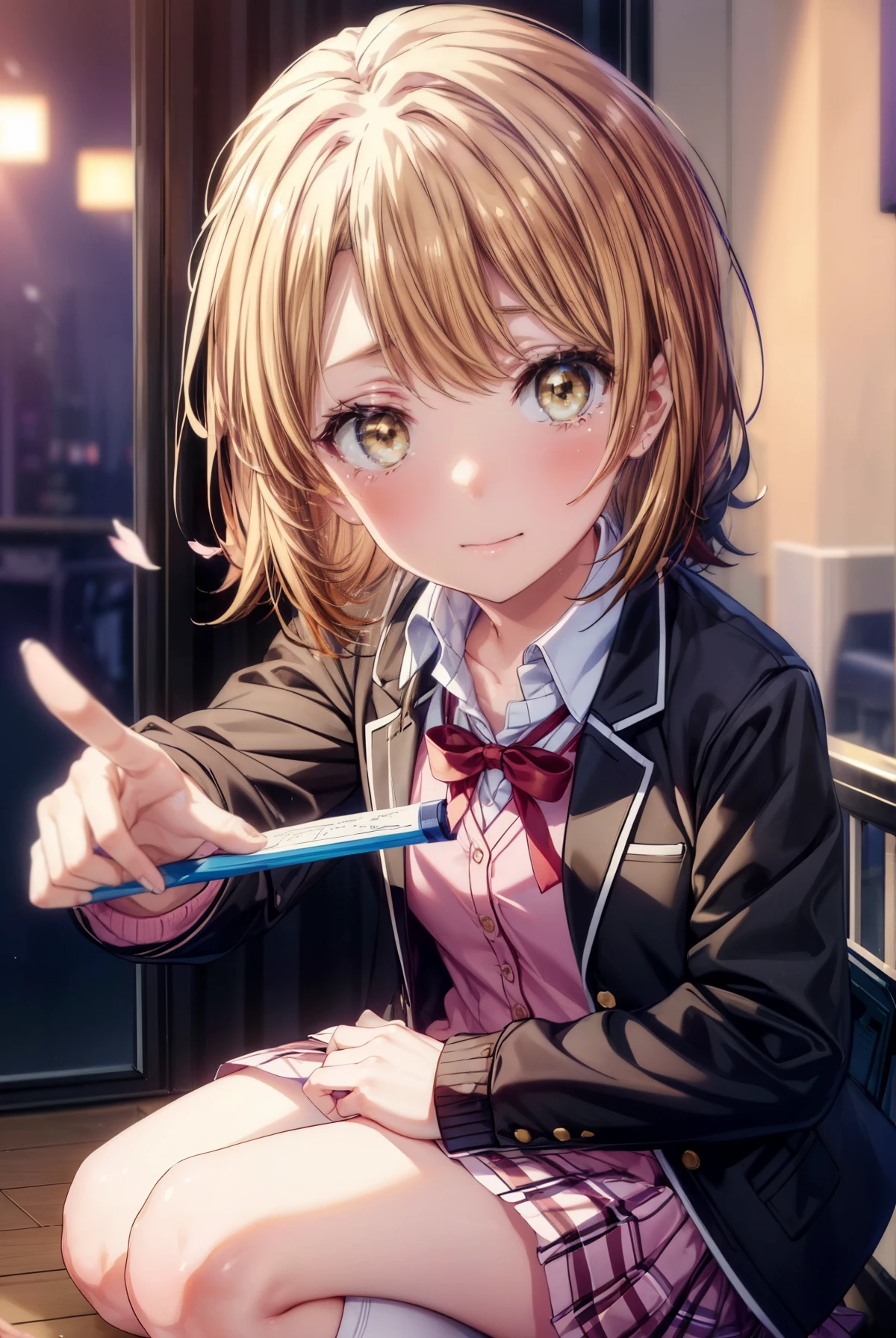 Irohaisshiki, isshiki iroha, short hair, Brown Hair, (Brown eyes:1.5), smile,blush,Tears running down her face,Tears of joy,He is holding a bunch of flowers in his right hand...,Hold the barrel with your left hand,Cherry blossoms are scattered,
break skirt, shirt, ribbon, , Jacket, white shirt, Closed clothes, socks, open Jacket, black Jacket, Plaid,, Plaid skirt, blazer, cardigan, black socks, pink cardigan, The room is expensive ,Graduation Ceremony,Brown Loafers,
break outdoors, Cherry tree,
break looking at viewer,whole body,Upper Body,(Cowboy Shot:1. 5)
break (masterpiece:1.2), Highest quality, High resolution, unity 8k wallpaper, (shape:0.8), (Beautiful and beautiful eyes:1.6), Highly detailed face, Perfect lighting, Highly detailed CG, (Perfect hands, Perfect Anatomy),