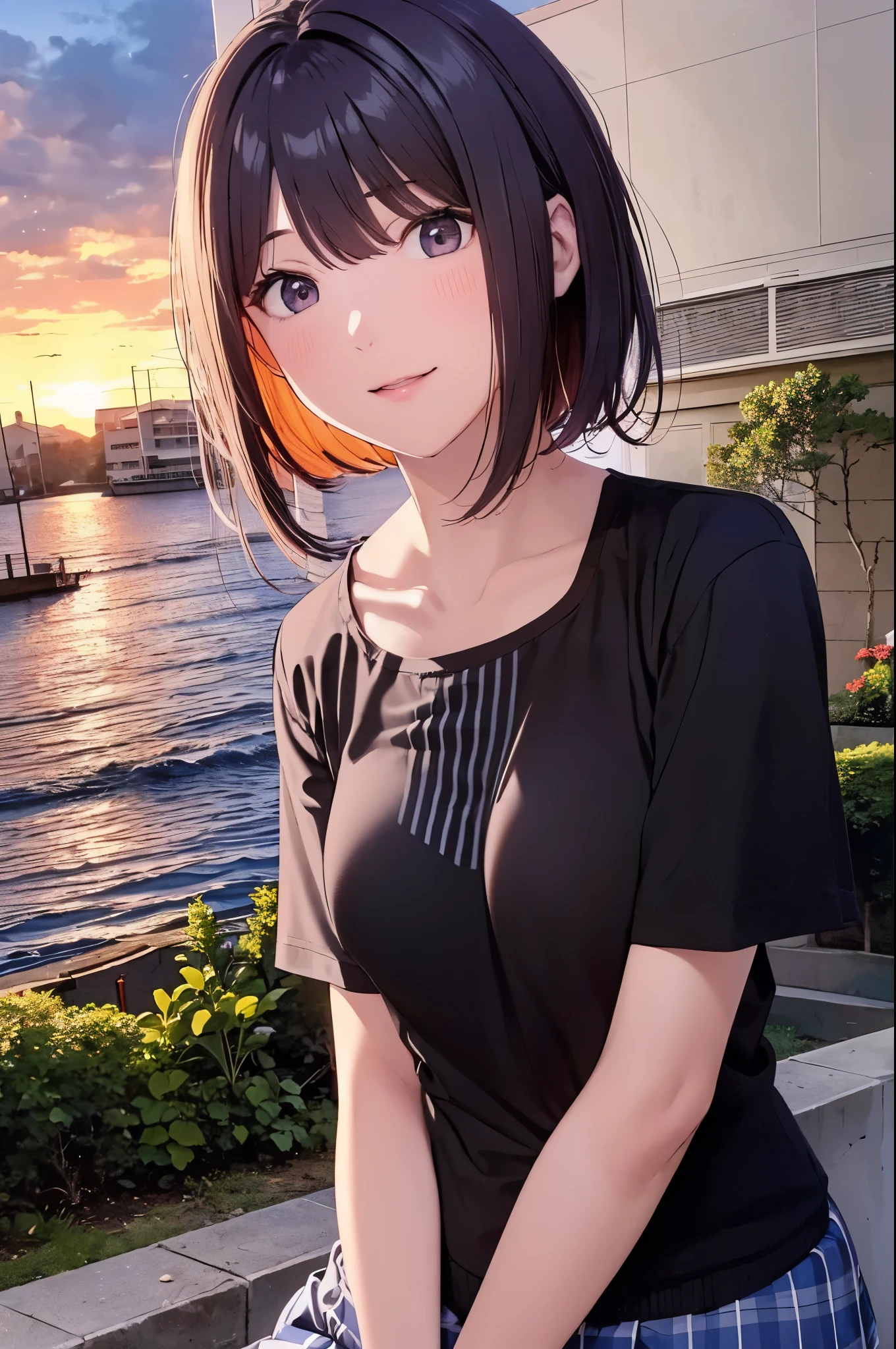 best quality, detailed face, 1girl, middle breast, smile, casual outfit, skirt, (Charming, Puffy eyes:1.2), good anatomy, looking at viewer, soft focus, Golden hour lighting, depth of field, shortcut hair, happy expression, white purple hair, lacy shirts, skirt, sunset sky