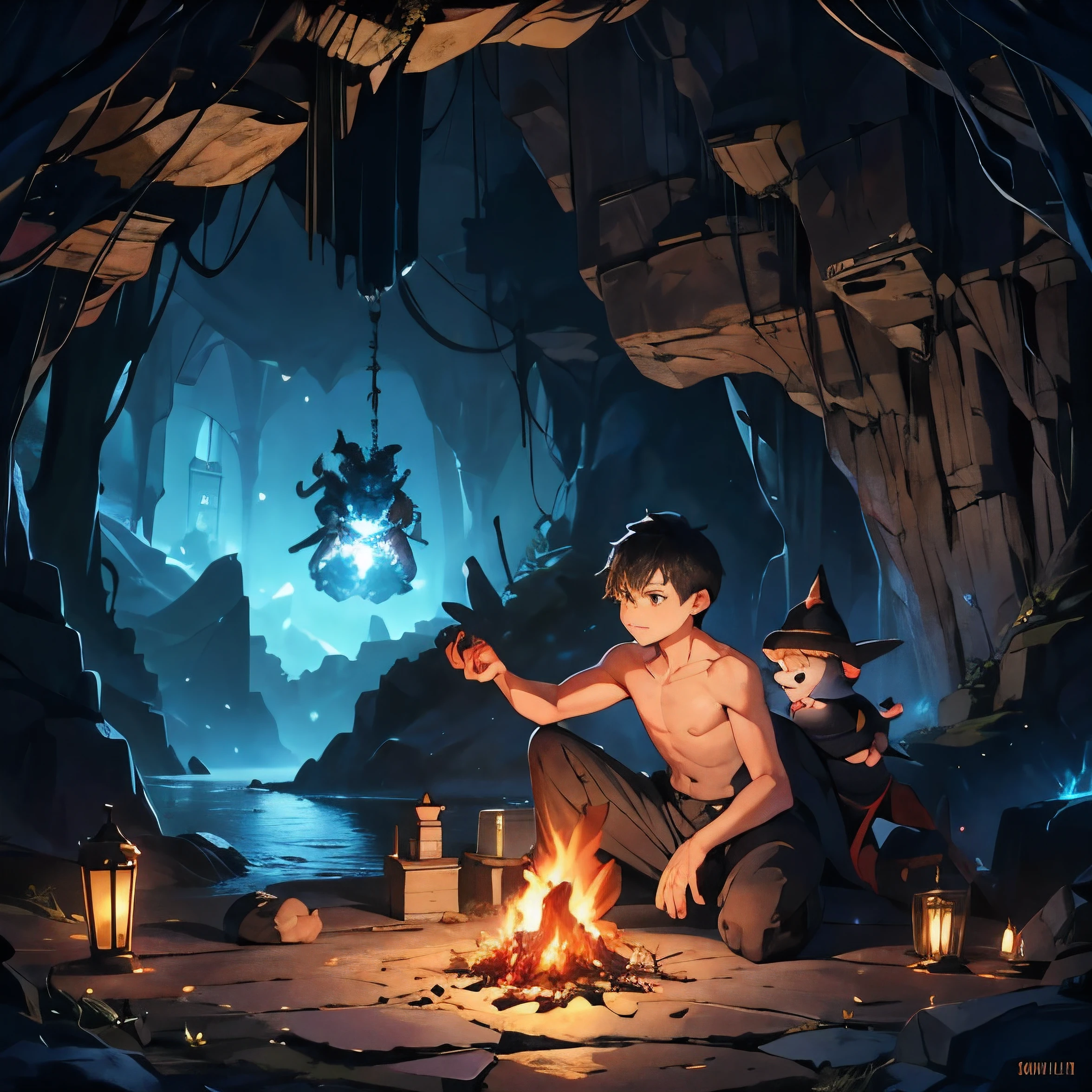 () , giant spider , shota , topless , magic , sorcerer , pet , dark cave , vivid light , giant monster , sitting , bonfire , lovely