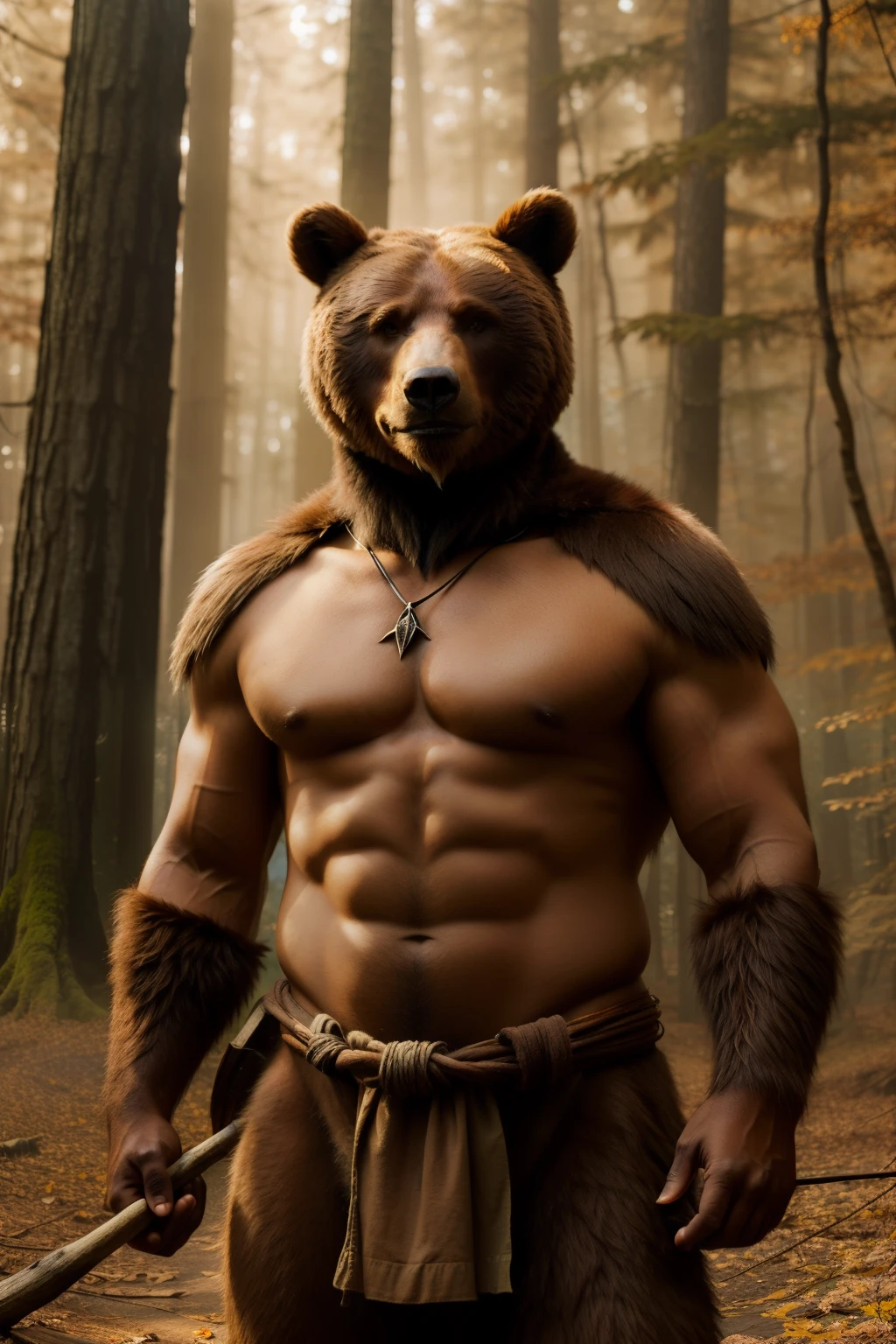 Humanoid bear, misty forest, primitive clothing, spear in paw, softly focused photography, mystical ambiance, depth of field, mist shrouding surroundings, fur textured and detailed, piercing brown eyes, autumnal colors, foliage, gentle sunlight filtering through trees.
A lifelike portrayal of a mythical humanoid bear residing in the depths of a misty forest, clad in rough, primitive clothing and armed with a spear. The atmosphere is mystical and otherworldly, with hues of autumnal colors highlighting the foliage and creating a depth of field effect. Softly focused photography captures the gentle sunlight filtering through the trees,