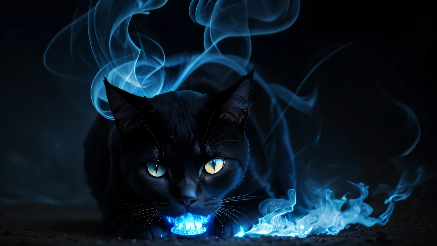 On a dark background with smoke、Gentle-eyed black cat playing with a skull with blue flames behind it