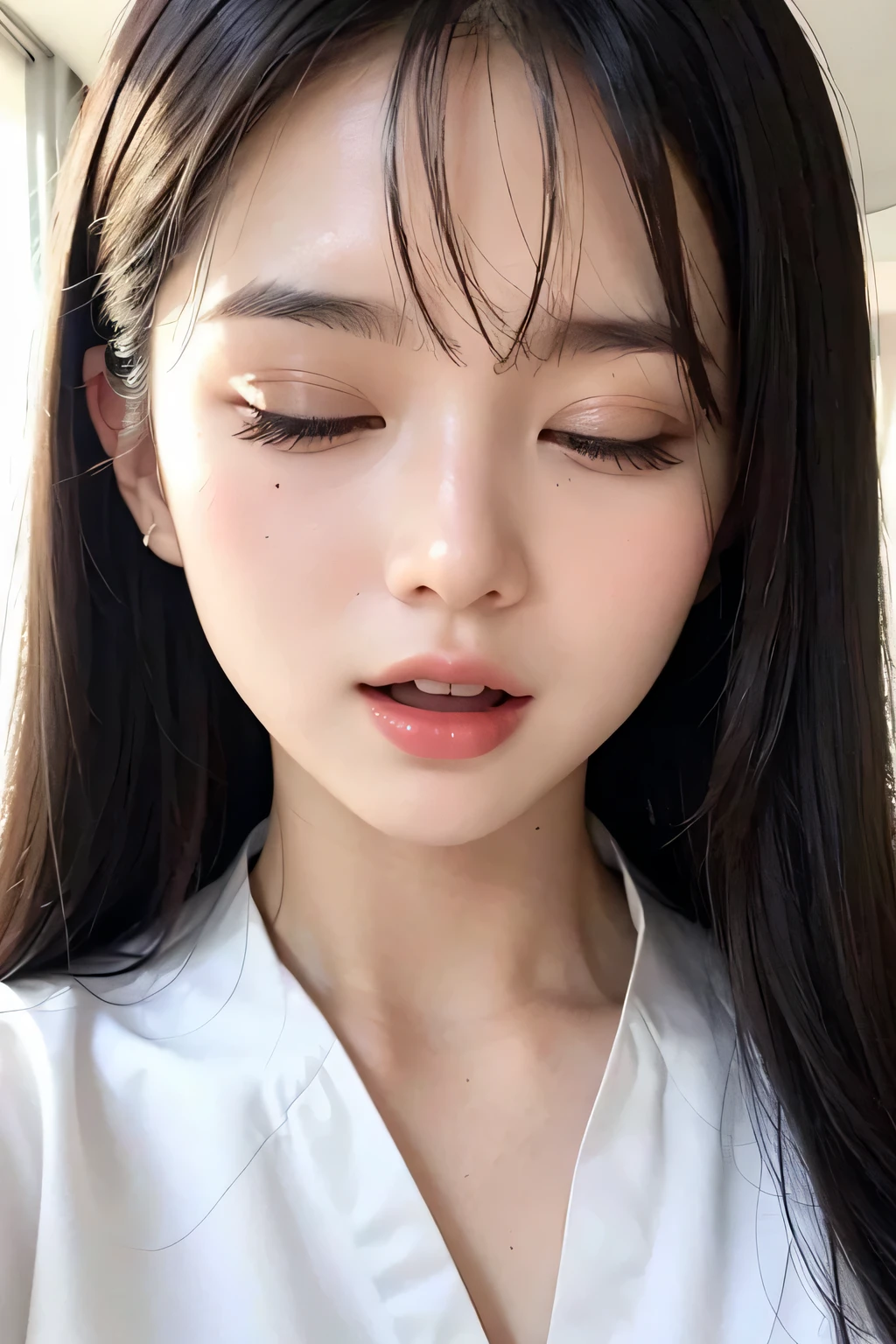 (((open mouth face)))、Face with closed eyes、upper body close-up、white blouse、black-haired beauty、hospital
