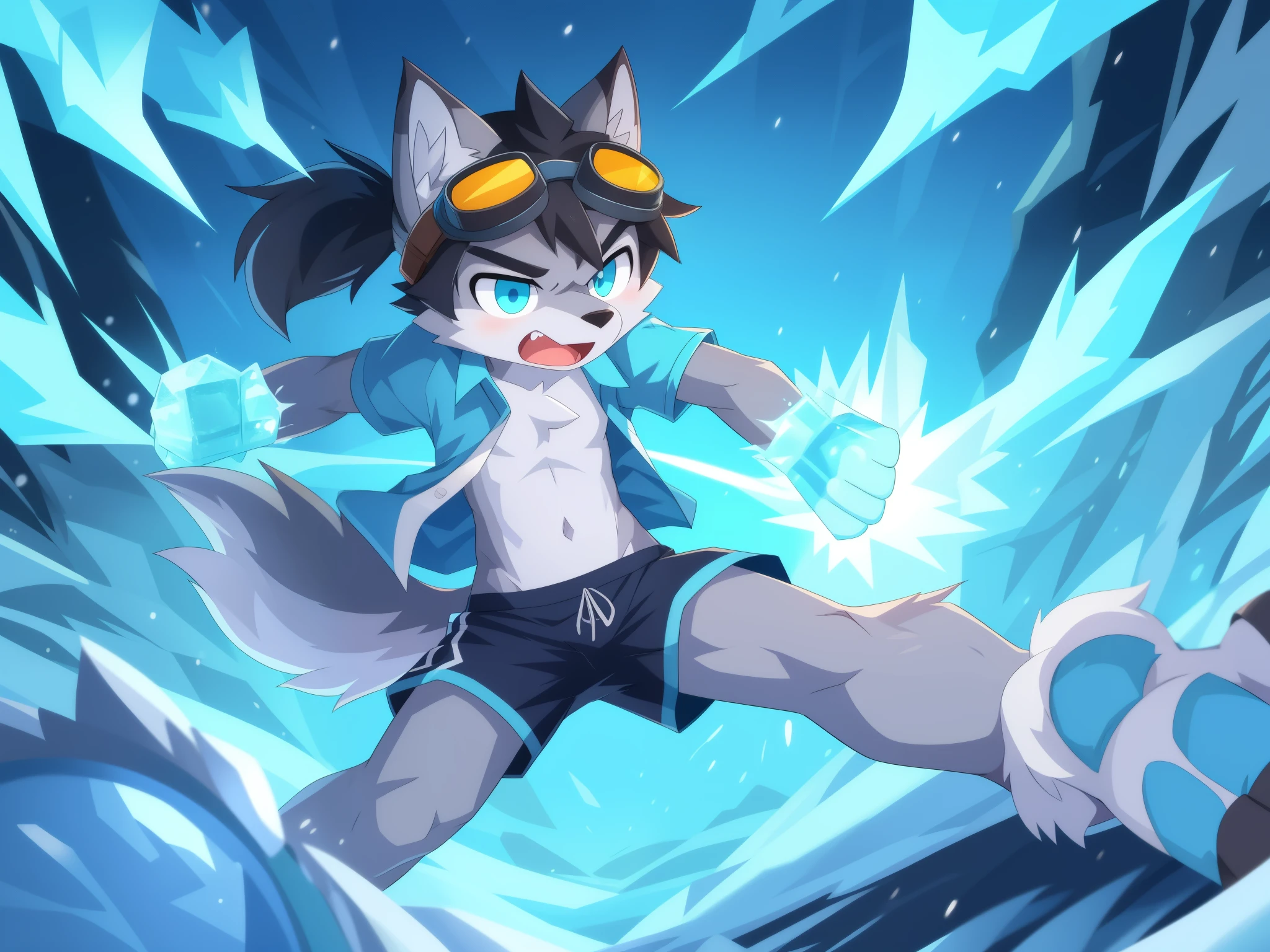 Furry shota, young, wolf, black hair, long spiky ponytail, blue eyes, detailed body fur, ((blue hawaiian shirt, open clothes, black swim trunks, goggles)), looking at you, fangs, clear grey body fur, detailed face, big eyebrows, detailed eyes, detailed body, detailed body fur, detailed hands, flat body, glistering body, shiny body, skinny, angry expresion, open mouth, looking at you, glow throughout the scene, snow forest, snow rain, ice particles, punch act, action pose, (control of ice, ice slash effect, ice powers, ice fists, punch), solo, full body, feets whit three toes, masterpiece, dynamic angle,