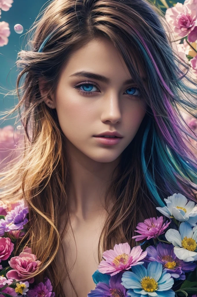 (masterpiece), (highest quality), (super detailed),(messy hair),(illustration), (1 male), Are standing, model, looking at the viewer, (interview), (detailed background),beautiful detailed eyes, gentle and beautiful face, floating,(high color saturation),(colorful splashes),colorful bubble,(shining), focus on the face, floating flowers, floating hair, (shining), better lighting, better shadow, There is only one evil