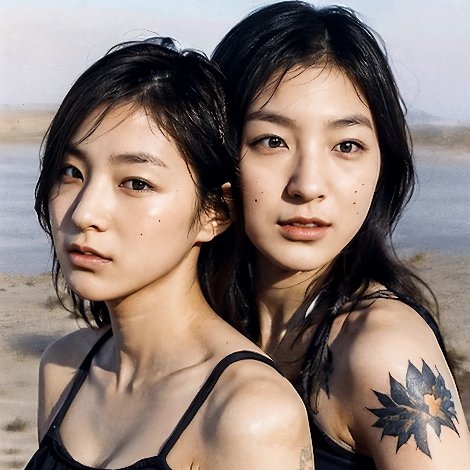 Photoreal、identical twin sisters、realistic skin texture、tattoo、desert、automatic rifle iti