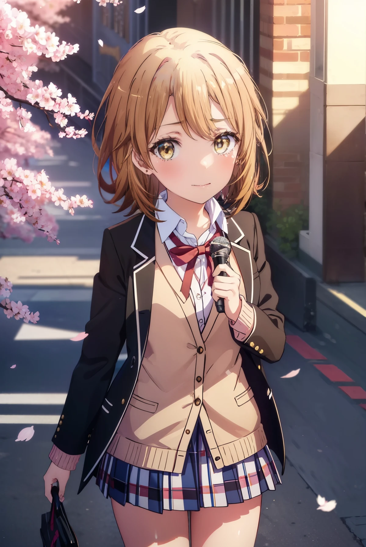 irohaisshiki, iroha isshiki, short hair, brown hair, (brown eyes:1.5), Talking in front of a microphone with your mouth open,smile,blush,tears run down her face,Crying with joy,He holds a tube containing a bouquet of flowers and a certificate in both hands.,Cherry blossoms are scattered,
break skirt, shirt, ribbon, school uniform, Jacket, white shirt, closed clothes, socks, open Jacket, black Jacket, plaid,, plaid skirt, blazer, cardigan, black socks, pink cardigan, sobu high school uniform,graduation ceremony,brown loafers,
break outdoors, School Cherry blossom trees,
break looking at viewer,(cowboy shot:1. 5)
break (masterpiece:1.2), highest quality, High resolution, unity 8k wallpaper, (figure:0.8), (detailed and beautiful eyes:1.6), highly detailed face, perfect lighting, Very detailed CG, (perfect hands, perfect anatomy),