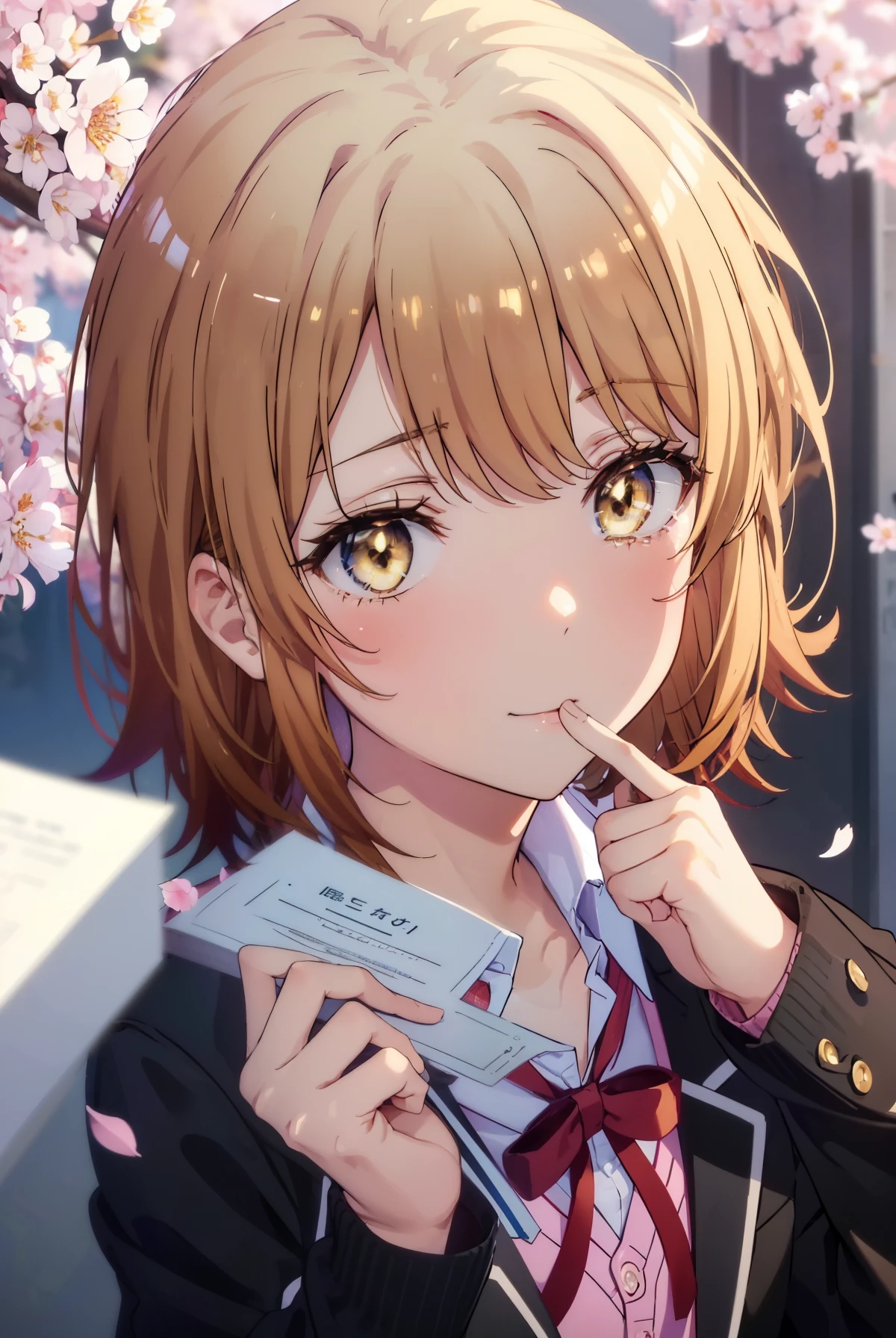 irohaisshiki, iroha isshiki, short hair, brown hair, (brown eyes:1.5), Talking in front of a microphone with your mouth open,smile,blush,tears run down her face,Crying with joy,He holds a tube containing a bouquet of flowers and a certificate in both hands.,Cherry blossoms are scattered,
break skirt, shirt, ribbon, school uniform, Jacket, white shirt, closed clothes, socks, open Jacket, black Jacket, plaid,, plaid skirt, blazer, cardigan, black socks, pink cardigan, sobu high school uniform,graduation ceremony,brown loafers,
break outdoors, School Cherry blossom trees,
break looking at viewer,(cowboy shot:1. 5)
break (masterpiece:1.2), highest quality, High resolution, unity 8k wallpaper, (figure:0.8), (detailed and beautiful eyes:1.6), highly detailed face, perfect lighting, Very detailed CG, (perfect hands, perfect anatomy),