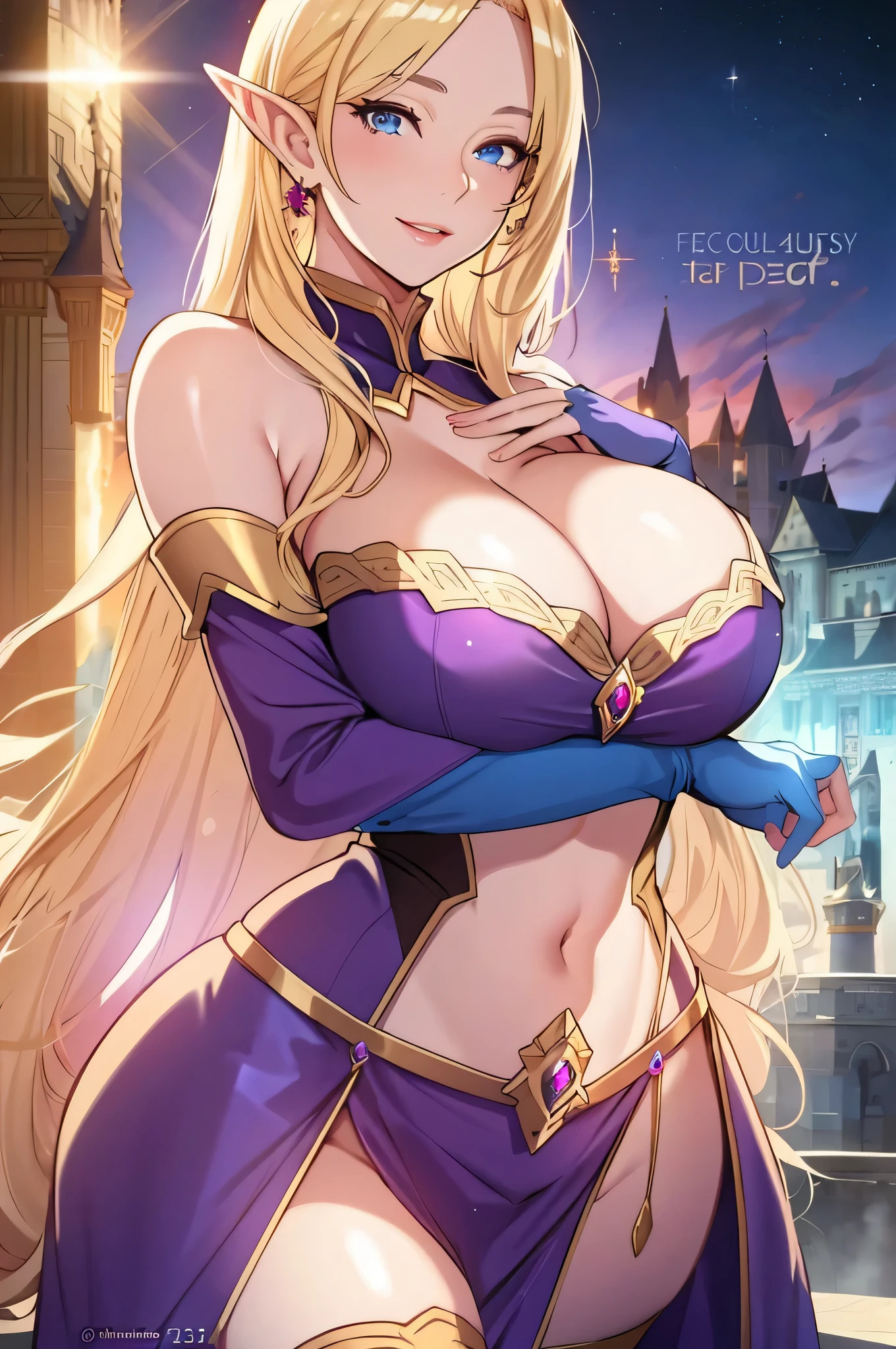 Lian, long blonde hair, long elf ears, hair stick, bangs, blue eyes, solo, smiling, standing, upper body, hips, bare shoulders,purple thighhighs,violet dress, gold jewelry,armor,gloves,circlet, cleavage, red and gold royal castle, gigantic breasts, (best quality, masterpiece, beautiful and aesthetic:1.2, highest detailed face, perfect face,) eyes, perfect face,expressive eyes,
looking at viewer, in the center of the image,(Upper_body),(Focus on her face),
official art,extremely detailed CG unity 8k wallpaper, perfect lighting,Colorful, Bright_Front_face_Lighting,shiny skin,
(masterpiece:1.0),(best_quality:1.0), ultra high res,4K,ultra-detailed