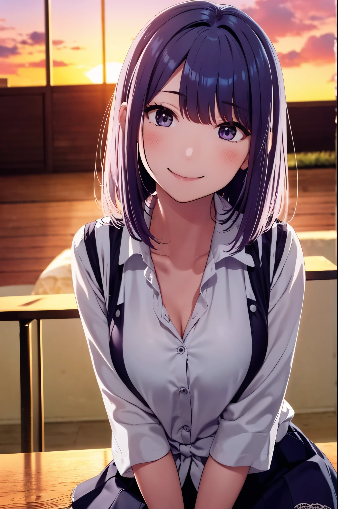 best quality, detailed face, 1girl, middle breast, smile, casual outfit, skirt, (Charming, Puffy eyes:1.2), good anatomy, looking at viewer, soft focus, Golden hour lighting, depth of field, shortcut hair, happy expression, white purple hair, lacy shirts, skirt, sunset sky