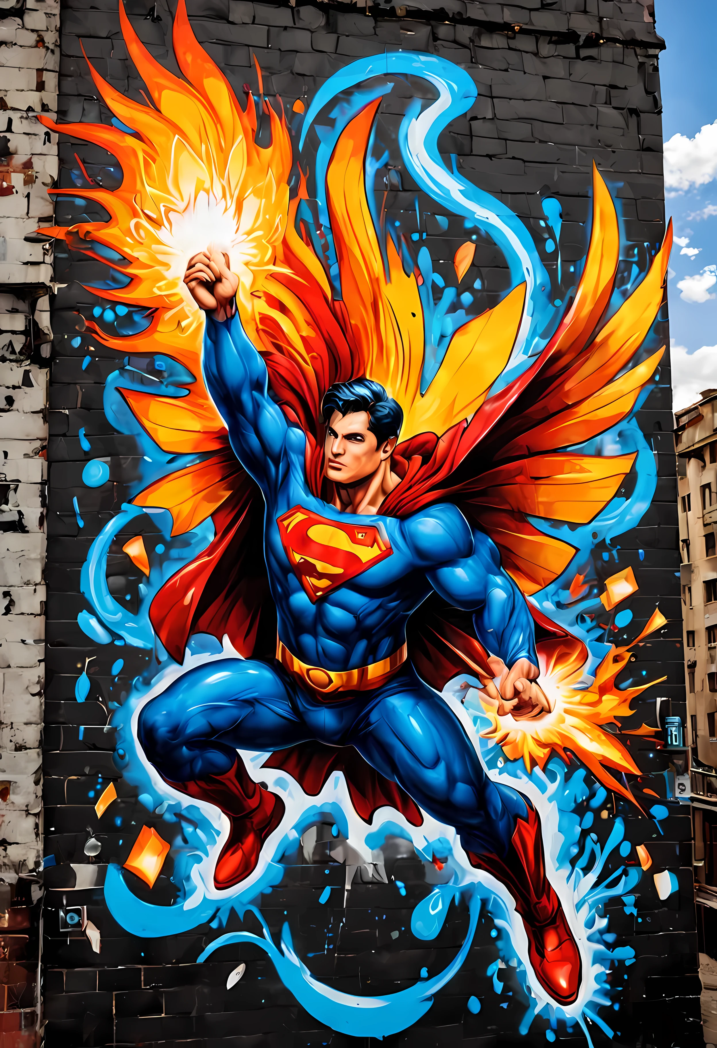 made of elemental_graffiti, design a mesmerizing ((((wall graffiti)))) featuring heroic Superman in a dynamic pose soaring through the skyline of a (futuristic) city, bold and vibrant colors, cloudy, magic, clean nature environment, intricate details, symbols, abstract, realism, sharp focus, masterpiece in maximum 16K resolution, sharp details, elemental art, graffiti art. | ((More_Detail))
