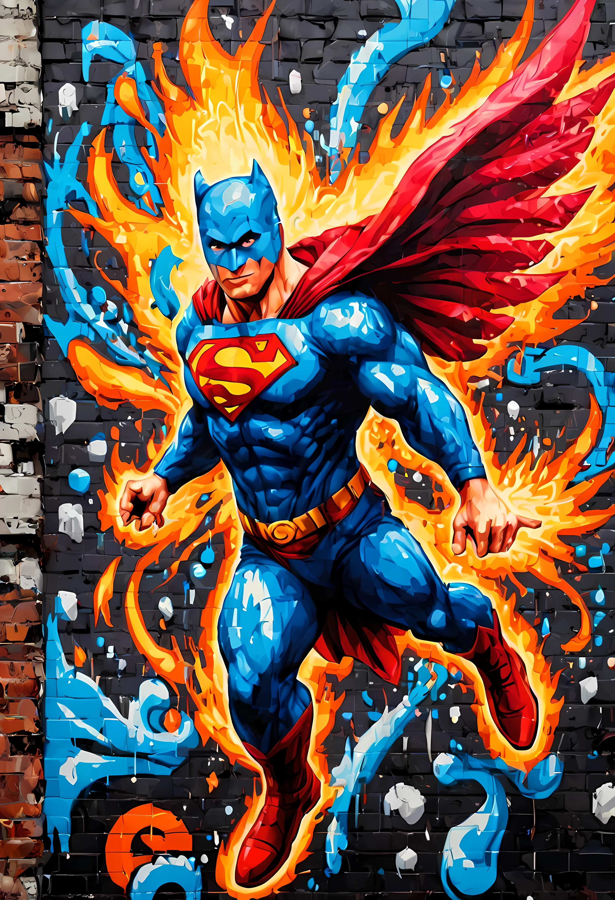 (pixel art:1.4), made of elemental_graffiti, design a mesmerizing ((((wall graffiti)))) featuring heroic Superman in a dynamic pose soaring through the skyline of a (futuristic) city, bold and vibrant colors, cloudy, magic, clean nature environment, intricate details, symbols, abstract, realism, sharp focus, masterpiece in maximum 16K resolution, sharp details, elemental art, graffiti art. | ((More_Detail))
