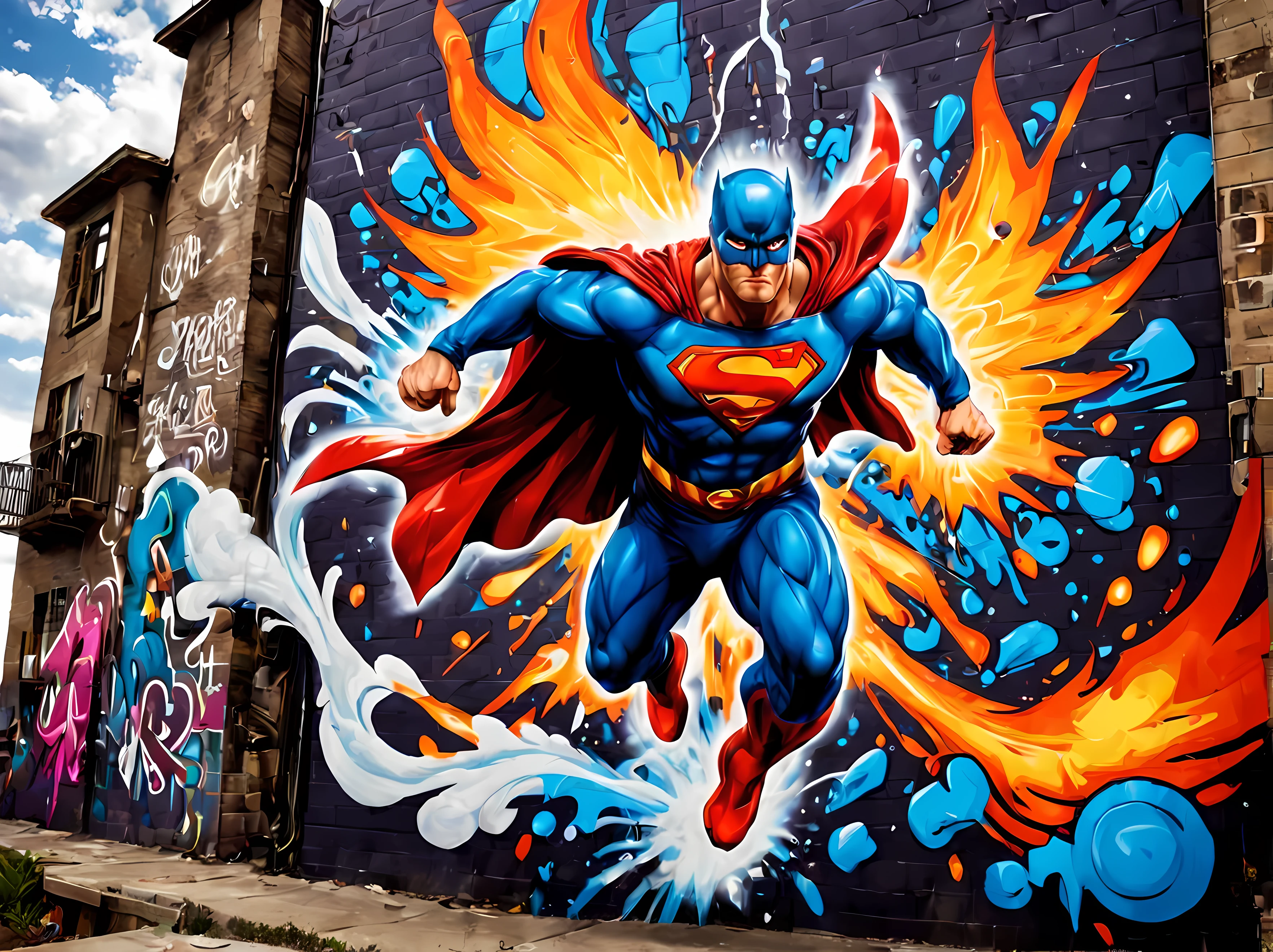 made of elemental_graffiti, design a mesmerizing ((((wall graffiti)))) featuring heroic Superman in a dynamic pose soaring through the skyline of a (futuristic) city, bold and vibrant colors, cloudy, magic, clean nature environment, intricate details, symbols, abstract, realism, sharp focus, masterpiece in maximum 16K resolution, sharp details, elemental art, graffiti art. | ((More_Detail))
