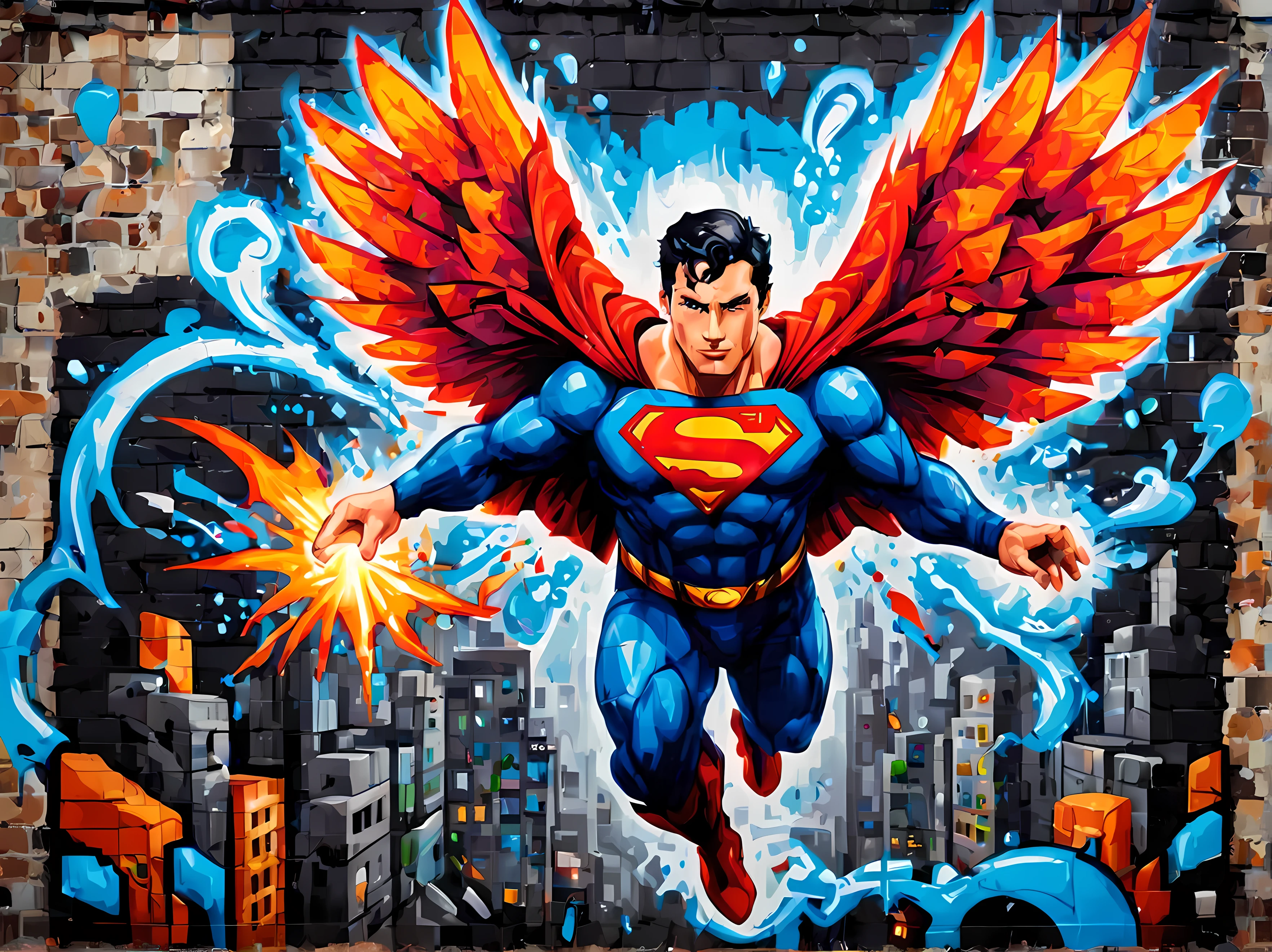 (pixel art:1.4), made of elemental_graffiti, design a mesmerizing ((((wall graffiti)))) featuring heroic Superman in a dynamic pose soaring through the skyline of a (futuristic) city, bold and vibrant colors, cloudy, magic, clean nature environment, intricate details, symbols, abstract, realism, sharp focus, masterpiece in maximum 16K resolution, sharp details, elemental art, graffiti art. | ((More_Detail))
