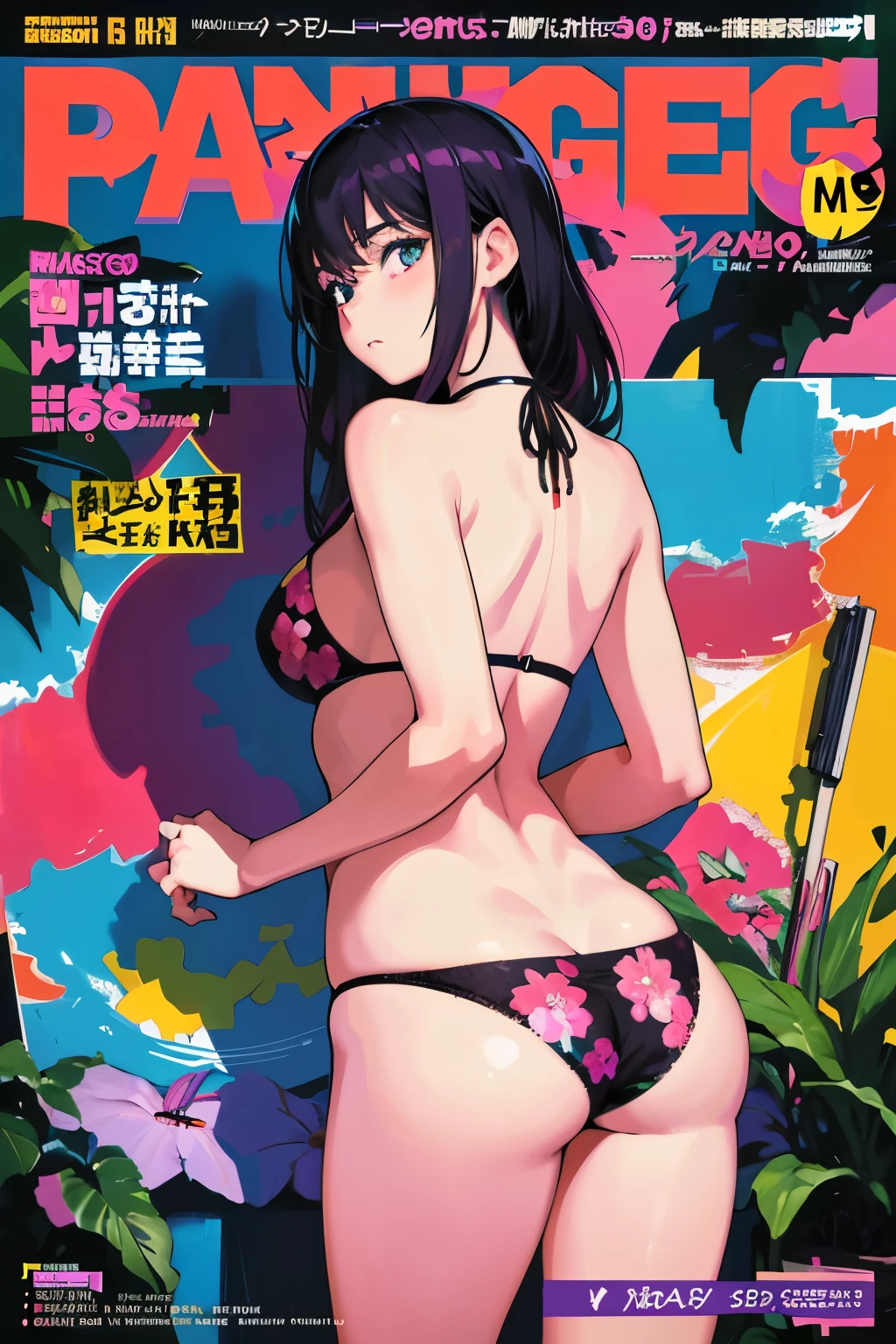 masterpeace, best quality, 1girl, 18yo girl, from behind, bikini, (floral panties), vibrant colors, Volumetric Lighting, Best Shadows, Shallow Depth of Field, (Highest Quality, Amazing Details:1.25), Brilliant Colorful Paintingagazine cover)), magazine title, text