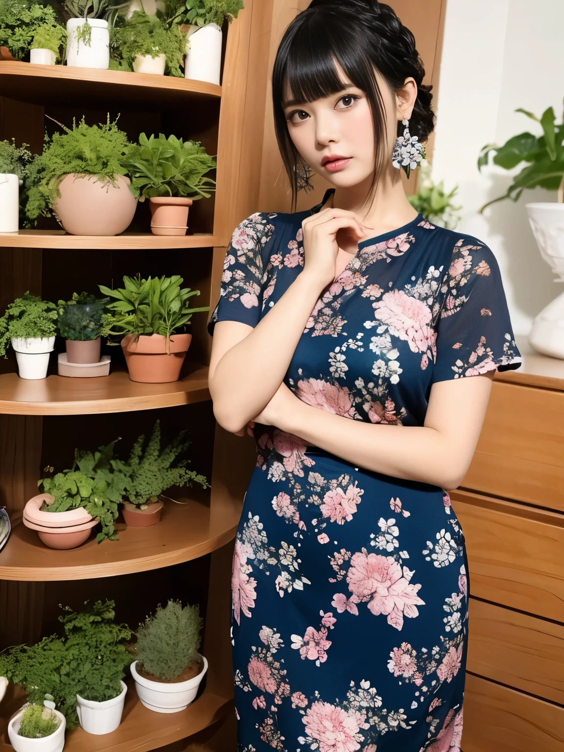 1 girl, plant, alone, jewelry, earrings, potted plant, black hair, dress, looking at the viewer, short sleeve, bangs, blush, brown eyes, Floral, indoor, bracelet, Are standing, shelf, short hair, hair ornaments, print dress, nail polish, blue dress, medium hair, Braid, Chinese service, closed mouth