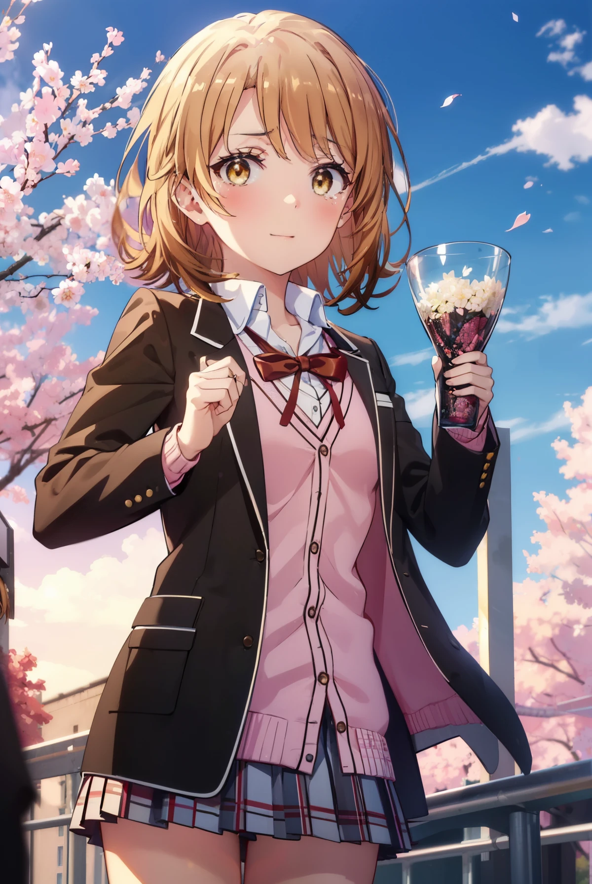irohaisshiki, iroha isshiki, short hair, brown hair, (brown eyes:1.5), smile,blush,tears run down her face,Crying with joy,He holds a tube containing a bouquet of flowers and a certificate in both hands.,Cherry blossoms are scattered,
break skirt, shirt, ribbon, school uniform, Jacket, white shirt, closed clothes, socks, open Jacket, black Jacket, plaid,, plaid skirt, blazer, cardigan, black socks, pink cardigan, sobu high school uniform,graduation ceremony,brown loafers,
break outdoors, In front of the school Cherry blossom trees,
break looking at viewer,(cowboy shot:1. 5)
break (masterpiece:1.2), highest quality, High resolution, unity 8k wallpaper, (figure:0.8), (detailed and beautiful eyes:1.6), highly detailed face, perfect lighting, Very detailed CG, (perfect hands, perfect anatomy),