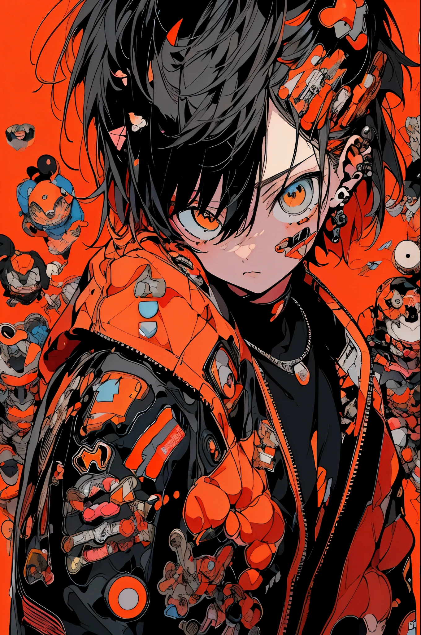 Anime girl with orange and white jacket and black jacket surrounded by stickers, Anime Mecha Aesthetics, anime style 4 k, anime graphic illustration, mecha asthetic, anime robotic mixed with organic, digital anime illustration, anime style illustration, Cute art style, Anime Illustration, Anime Manga Robot!! Anime Girl, anime style artwork, Digital Cyberpunk Anime Art, fully robotic!! girl