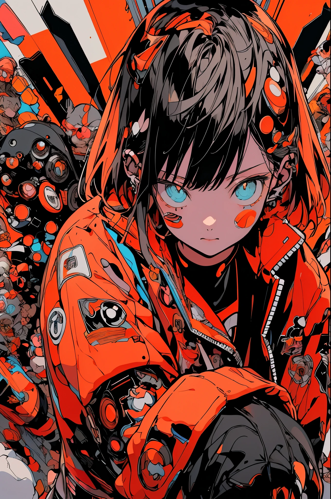 Anime girl with orange and white jacket and black jacket surrounded by stickers, Anime Mecha Aesthetics, anime style 4 k, anime graphic illustration, mecha asthetic, anime robotic mixed with organic, digital anime illustration, anime style illustration, Cute art style, Anime Illustration, Anime Manga Robot!! Anime Girl, anime style artwork, Digital Cyberpunk Anime Art, fully robotic!! girl
