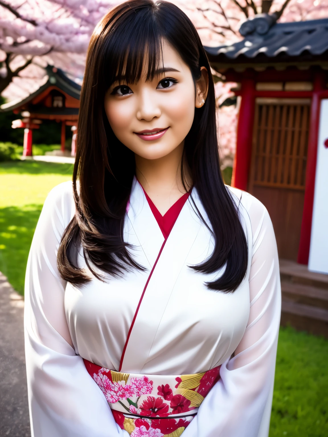 (surreal), (picture), (High resolution), (In 8K), (highly detailed), (Best Illustration), (detailed and beautiful eyes), (beautiful and detailed face), (highest quality), (super detailed), (masterpiece), (wallpaper), (highly detailed face), (black long hair), (1 girl), (alone), (detailed eye, thin cheeks, shiny skin, glossy lips, shine light on the face), (Are standing:1.0), camel toe, (big breasts), (small breasts), (thin thighs), (slim waist), (smile), (shrine maiden clothes), (long sleeve), (for a long time:1.2), (cherry blossoms), (shrine)