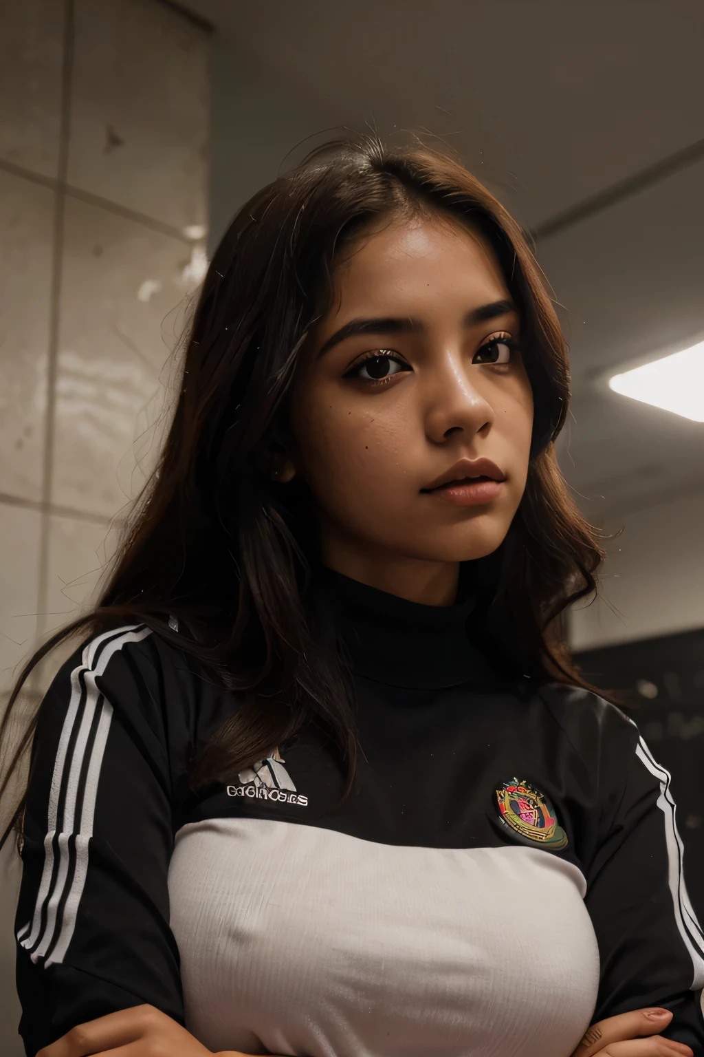 mujer mexicana, tez clara, ojos grandes, joven, escuela, uniforme blanco y rojo, cabello negro, labios gruesos, cara sexi, pose natural, cinematic lighting, sentada sobre pupitre, buena composicion, sosteniendo un libro 