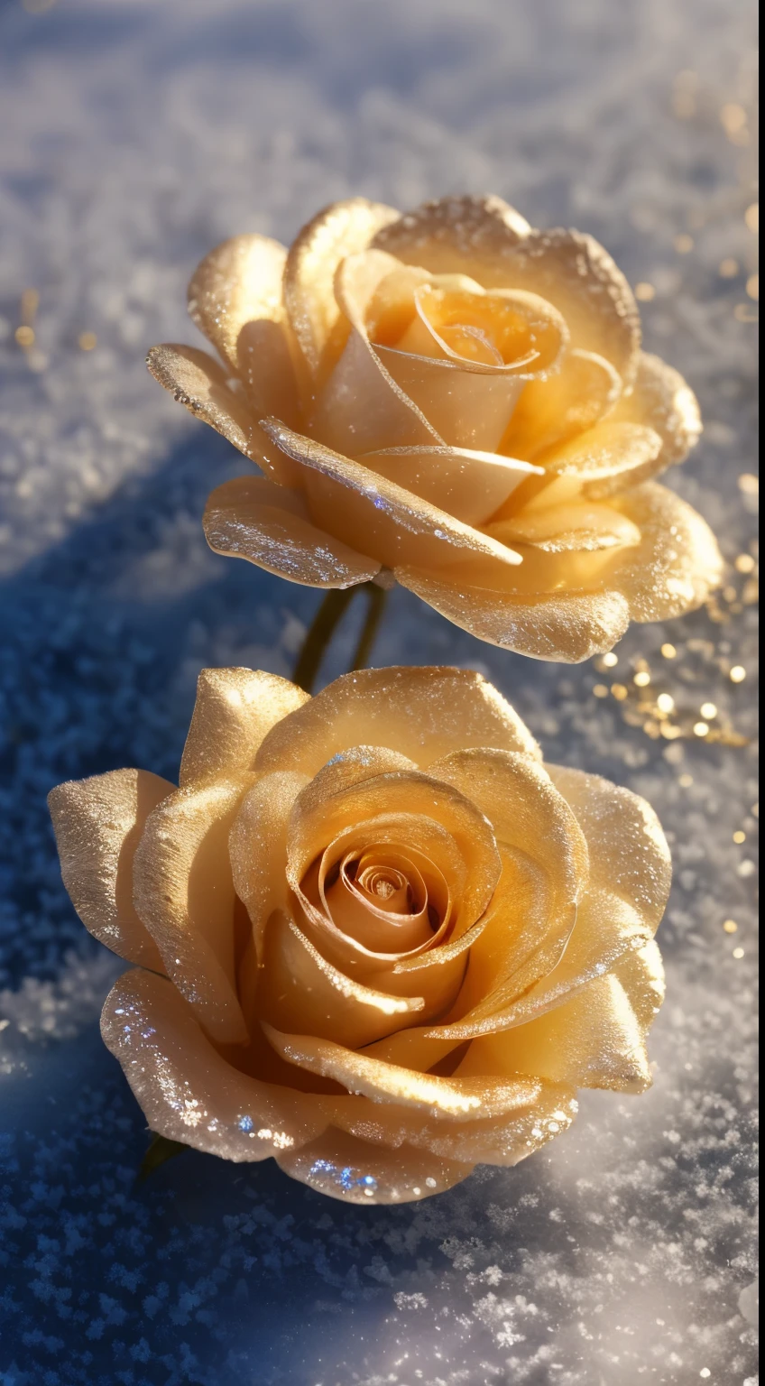 winter morning,frost, gold, Rose petal, frozen,Crystal material, dramatic lighting, photorealism, Super detailed, 4k, depth of field, High resolution