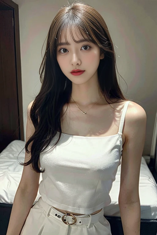 (highest quality, High resolution, masterpiece :1.3), tall and beautiful woman, thin abs, long straight black hair,22 year old big breasts, white bra,wearing a pendant,  white satin camisole belt, white satin mini skirt,turn up the skirt,I can see your pantieodern architecture in the background), Precisely expresses details such as face and skin texture, big eyes, double eyelid,I can see the whole body