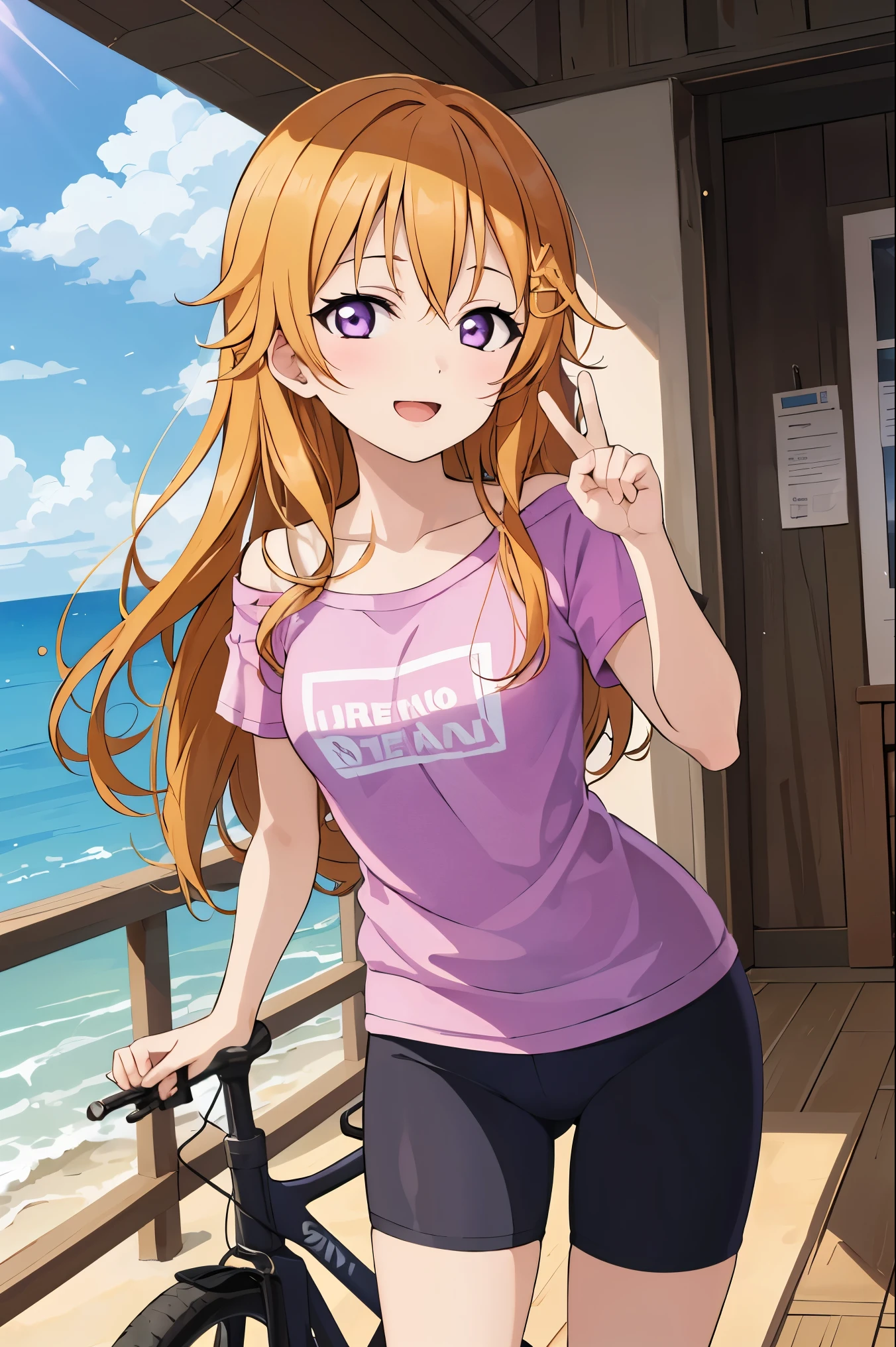 (best quality, masterpiece:1.2), (1girl, solo:1.2), cute, smile,  detailed background, (looking at viewer, solo focus:1.2), light on face, sky, blue sky, cowboy shot, sunlight, lens flare, depth of field, scenery, open mouth,
Kanata konoe, long hair, purple eyes, blonde hair, straight hair, off shoulder, light purple shirt, t-shirt, short sleeves, bike shorts, black bike shorts, standing, two peace sign, solo focus, bike shorts, black bike shorts,