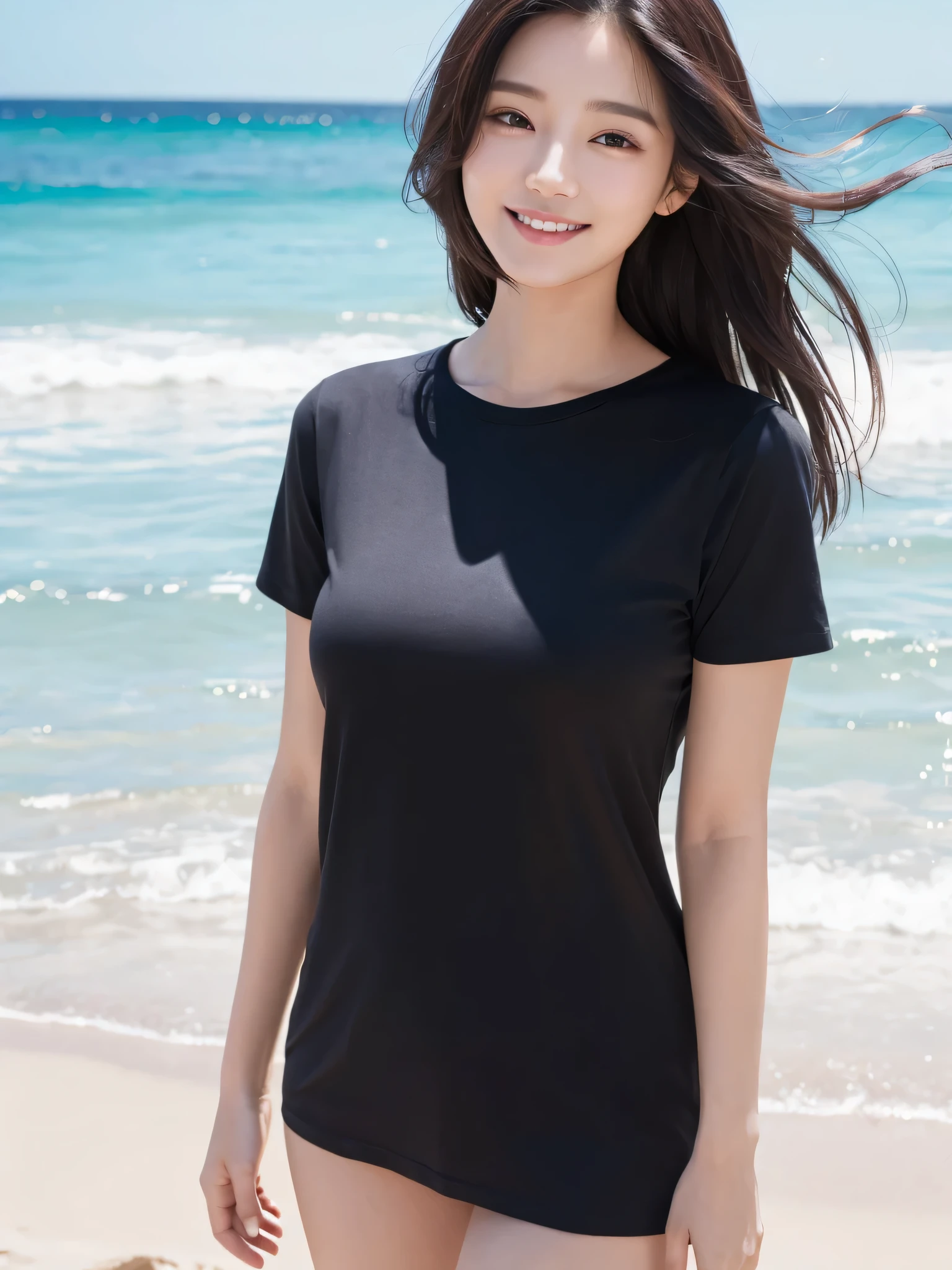 one woman、((highest quality、8K masterpiece:1.3))、sharp focus:1.2、(super beautiful face:1.0)、(shiny skin:1.0)、realistic pictures、black haired、video writing、High resolution eyes and face、video writing、(cute korean actress)、from the front、beautiful breasts、smile、The beauty of slender abs、whole body、wearing a see-through T-shirt、on the beach at night