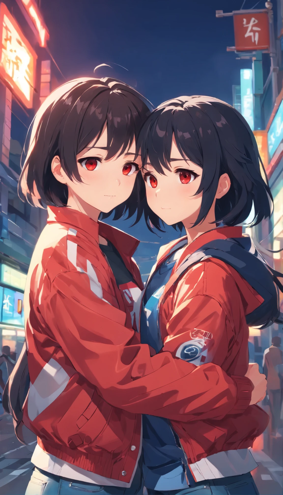 Two cute girls, same shirts and jackets and jeans, hug, 8k, red eyes, black hair, white texture skin, detailed face