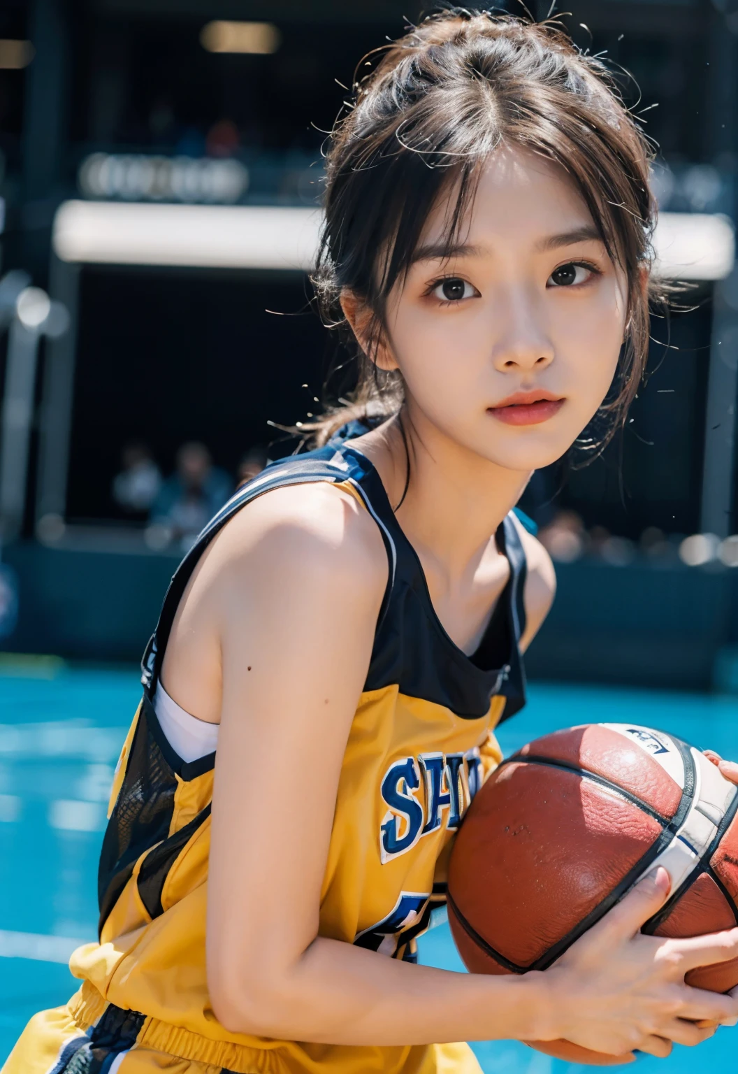 (8k, best quality, master piece:1.2),High resolution,1 girl,real looking skin,dynamic light and shadow,sharp focus,Depth of the bounds written,eyes are delicate,Realisticな生徒, playful expression, wear a basketball uniform,perfect body,the biggest,on the basketball court,Realistic, super detailed, (shiny skin), looking at the viewer,
