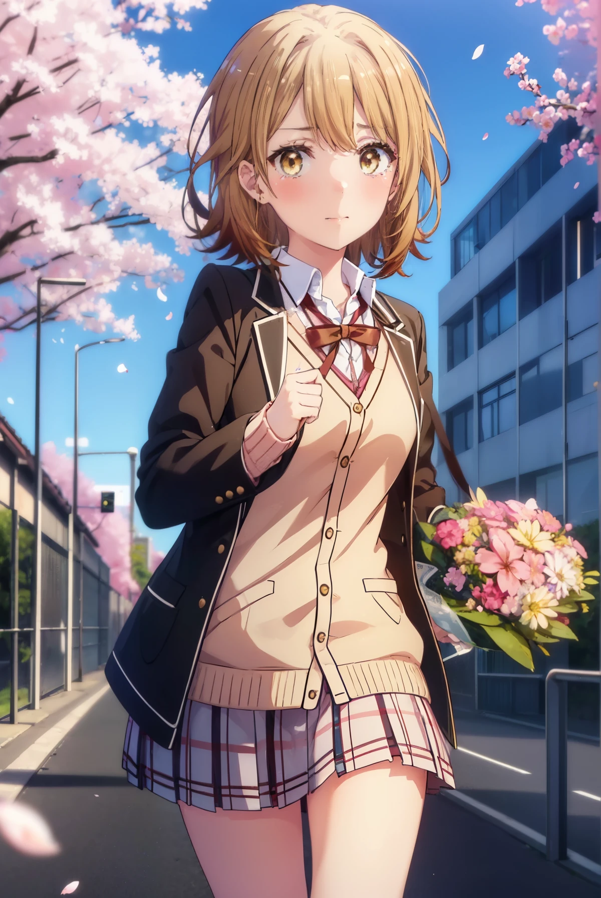 irohaisshiki, iroha isshiki, short hair, brown hair, (brown eyes:1.5), smile,blush,tears run down her face,Crying with joy,Holding a bouquet of flowers in his right hand,left hand holds a barrel,,Cherry blossoms are scattered,
break skirt, shirt, ribbon, school uniform, Jacket, white shirt, closed clothes, socks, open Jacket, black Jacket, plaid,, plaid skirt, blazer, cardigan, black socks, pink cardigan, sobu high school uniform,graduation ceremony,brown loafers,
break outdoors, In front of the school　Cherry blossom trees,
break looking at viewer,(cowboy shot:1. 5)
break (masterpiece:1.2), highest quality, High resolution, unity 8k wallpaper, (figure:0.8), (detailed and beautiful eyes:1.6), highly detailed face, perfect lighting, Very detailed CG, (perfect hands, perfect anatomy),