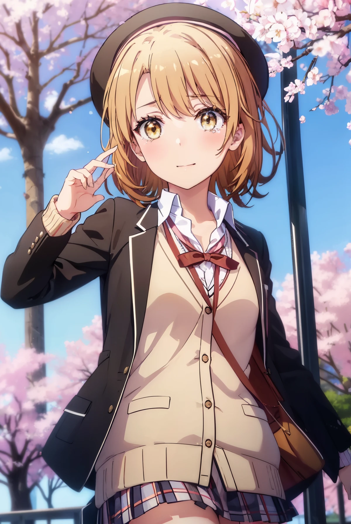 irohaisshiki, iroha isshiki, short hair, brown hair, (brown eyes:1.5), smile,blush,tears run down her face,Crying with joy,Holding a bouquet of flowers in his right hand,left hand holds a barrel,,Cherry blossoms are scattered,
break skirt, shirt, ribbon, school uniform, Jacket, white shirt, closed clothes, socks, open Jacket, black Jacket, plaid,, plaid skirt, blazer, cardigan, black socks, pink cardigan, sobu high school uniform,graduation ceremony,brown loafers,
break outdoors, In front of the school　Cherry blossom trees,
break looking at viewer,(cowboy shot:1. 5)
break (masterpiece:1.2), highest quality, High resolution, unity 8k wallpaper, (figure:0.8), (detailed and beautiful eyes:1.6), highly detailed face, perfect lighting, Very detailed CG, (perfect hands, perfect anatomy),