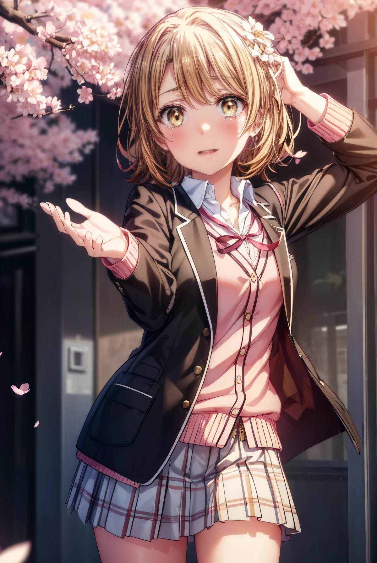 irohaisshiki, iroha isshiki, short hair, brown hair, (brown eyes:1.5), smile,blush,tears run down her face,Crying with joy,Holding a bouquet of flowers in his right hand,left hand holds a barrel,,Cherry blossoms are scattered,
break skirt, shirt, ribbon, school uniform, Jacket, white shirt, closed clothes, socks, open Jacket, black Jacket, plaid,, plaid skirt, blazer, cardigan, black socks, pink cardigan, sobu high school uniform,graduation ceremony,brown loafers,
break outdoors, In front of the school Cherry blossom trees,
break looking at viewer,(cowboy shot:1. 5)
break (masterpiece:1.2), highest quality, High resolution, unity 8k wallpaper, (figure:0.8), (detailed and beautiful eyes:1.6), highly detailed face, perfect lighting, Very detailed CG, (perfect hands, perfect anatomy),
