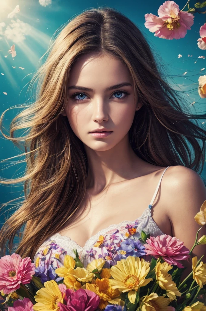 (masterpiece), (highest quality), (super detailed),(messy hair),(illustration),Are standing, model, looking at the viewer, (interview), (detailed background),beautiful detailed eyes, gentle and beautiful face, floating,(high color saturation),(colorful splashes),colorful bubble,(shining), focus on the face, floating flowers, floating hair, (shining), better lighting, better shadow, There is only one evil