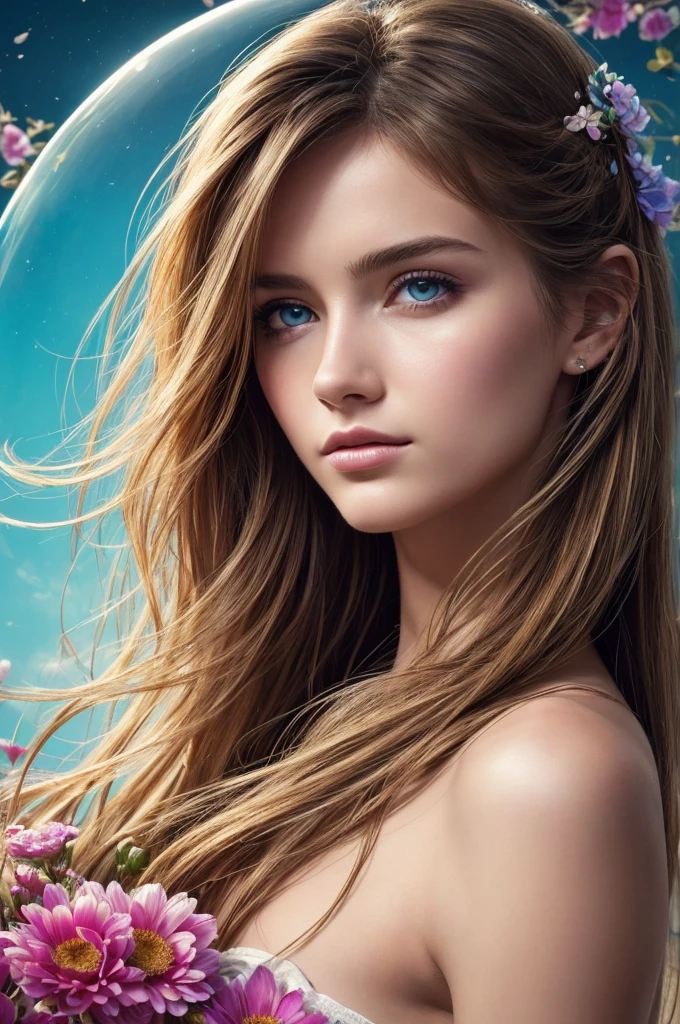 (masterpiece), (highest quality), (super detailed),(messy hair),(illustration), (one woman), Are standing, model, looking at the viewer, (interview), (detailed background),beautiful detailed eyes, gentle and beautiful face, floating,(high color saturation),(colorful splashes),colorful bubble,(shining), focus on the face, floating flowers, floating hair, (shining), better lighting, better shadow, There is only one evil