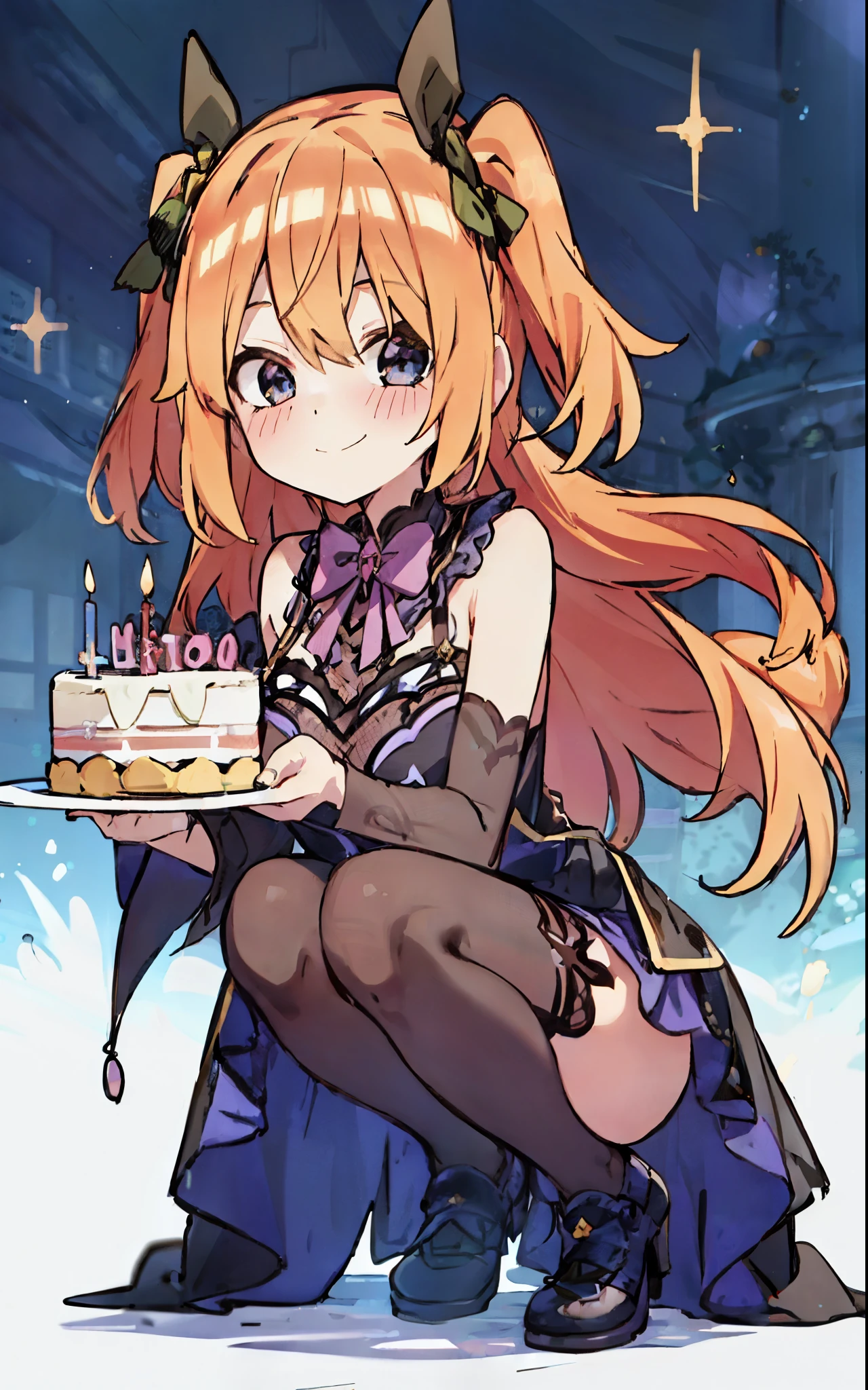 Yotsuba Nakano dressed up as Fischl from genshin, Yotsuba holding a birthday cake, Fischl dress, orange bob hair, sparkling blue eyes, happy smile, laugh, sweet face, tender, lovely, 4k, perfect quality, excellent fusion, excellent character design, orange hair, two sections hair are tied into side twin tails, shoulder length orange hair, green ribbons, The rest of hair is left loose, black eyepatch, sleeveless black lace dress-like leotard, black lace collar, purple bow tie, crosses stitched in, black and violet tailcoats, bright colors, pastel coloured image, vivid colours, light colours, simple background, magic hill background, splendid nature, natural light, daylight, full body, full shot, dinamic pose, holding birthday cake in her hands, SHOULDER LENGTH HAIR,, extremely detailed, clean lineart, neat