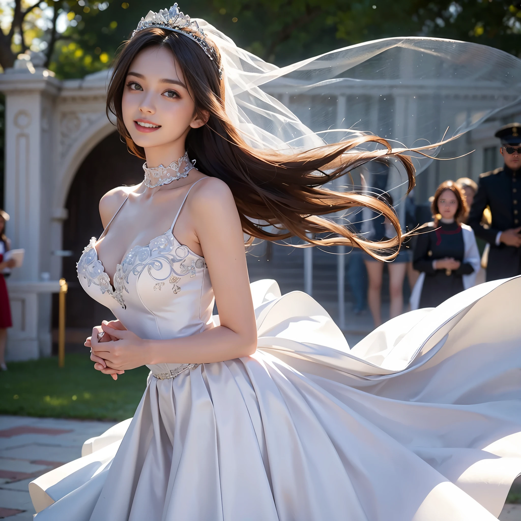 best quality, masterpiece, very detailed, reasonable design, clear lines, Only 1 girl, (huge laugh), Very pretty, thin collarbone, cute , sweet, sun glare, Conservative attire, turtleneck wedding dress, bridal tiara, bridal veil, white gloves, depth of field, blurred background, light particles, strong wind, head tilt, long hair, natural hands, 5 fingers