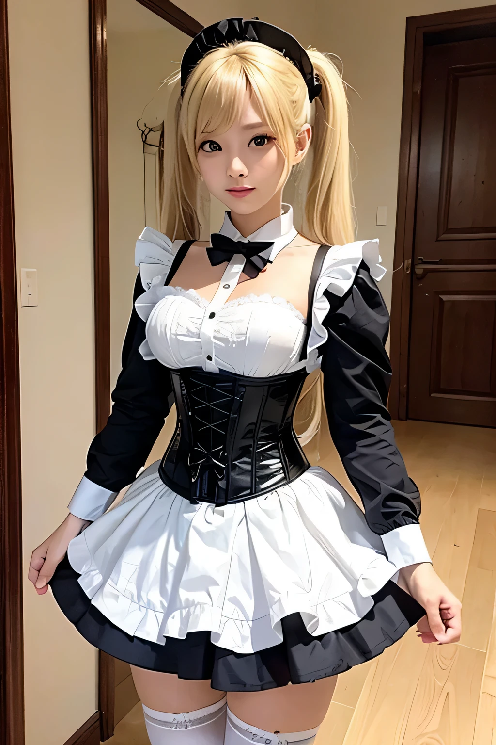 blonde twintails、beautiful maid、wearing a corset、whole body、mini skirt