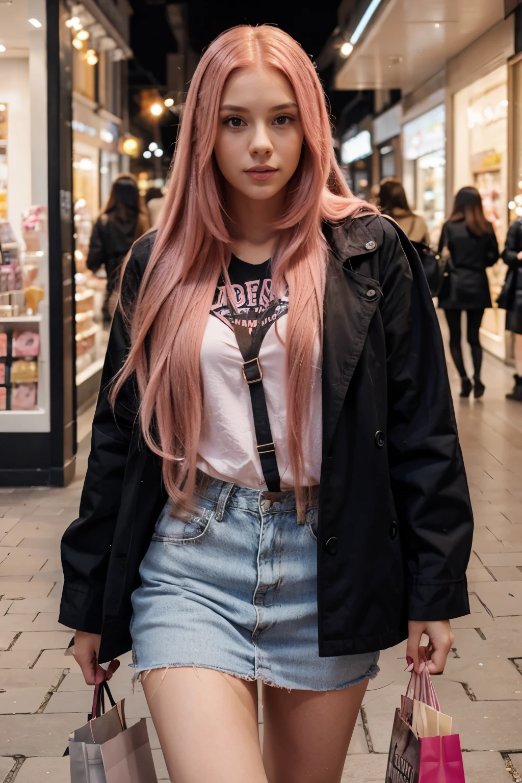 beautiful girl with long pink hair, shopping, dressed fashionably