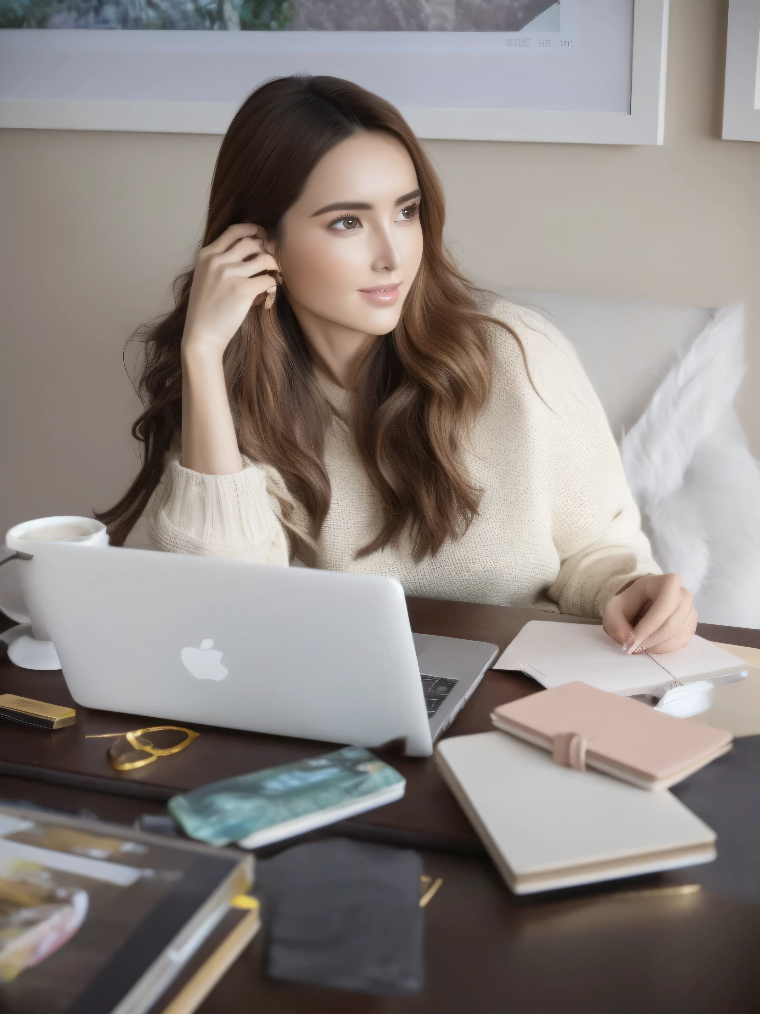 阿拉菲德女士sitting at desk，Hands holding laptop and laptop, sitting at her desk, sitting at desk, beautiful lights, by Arabella Rankin, Inspired by Gina Perron, Profile picture, an artistic gesture, Excellent details, on the table, comfortable, Profile picture, Olivia Culpo, Exquisite details, julia sardinia, working on her laptop