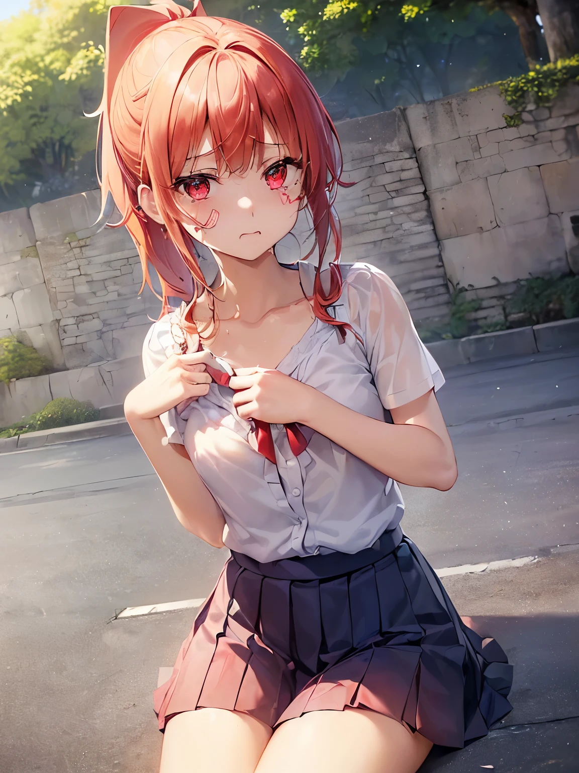 highest quality、masterpiece、detailed description、8K、Angle from the side、stand、red bra、anime、Close-up、(((20 year old girl、beautiful chest)))、(((Depiction of beautiful eyes、I'm injured、Abrasions on the face、bandaid on face、bad girl、red eyes、)))、((blonde、ponytail))、(((red braを両手で押さえる、open blouse、navy blue short pleated skirt))),(( ))、((((、noon、))))、((tears、Bad mood、sad、pain of wound))), lean body、 girls front line style,