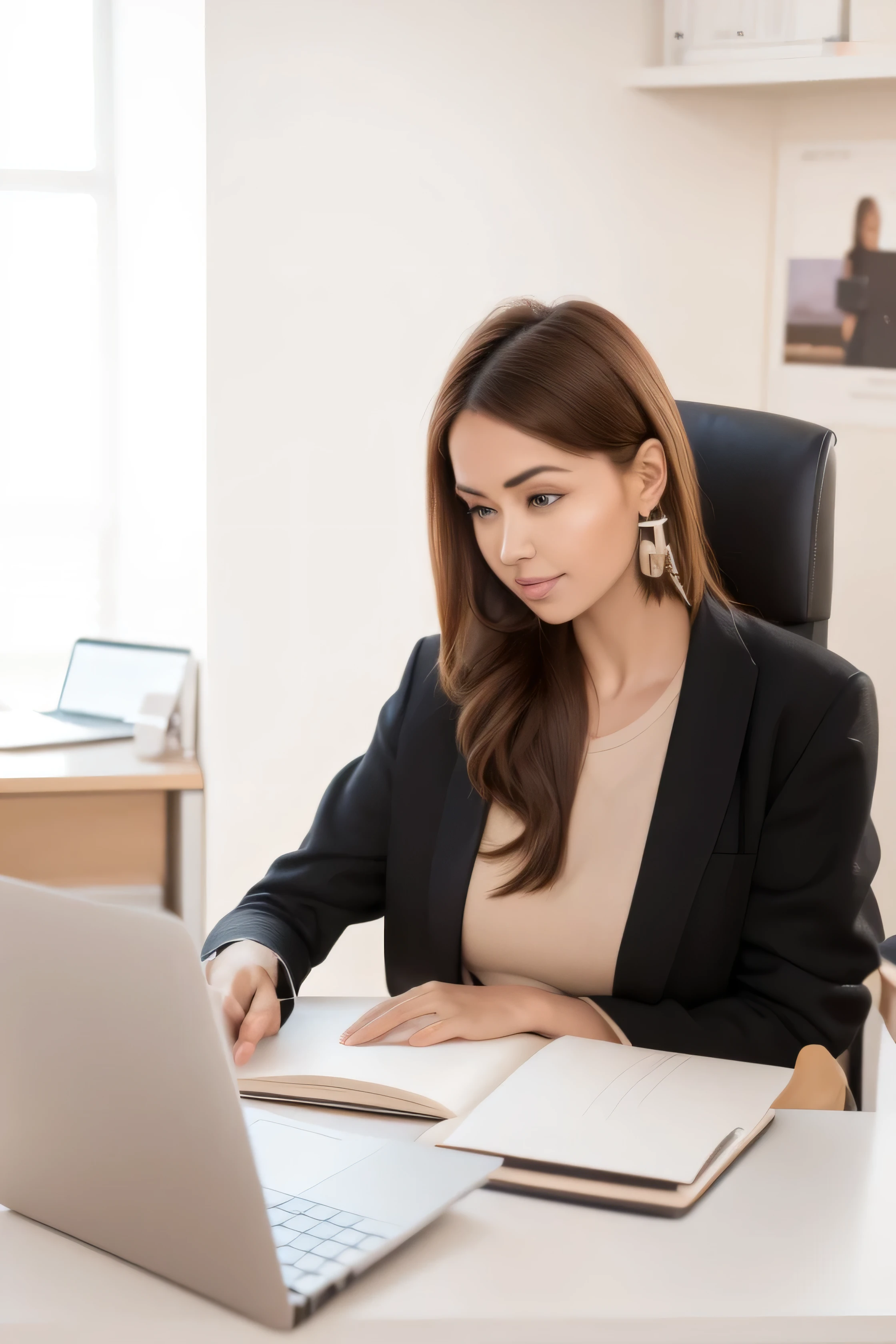 woman sitting at table，Laptop and coffee in hand, working in office, in front of computer, sit in front, sitting at desk, sit in front desk, Working with laptop at desk, Professional image, sitting at desk, young business woman, Professional profile picture, sit in front