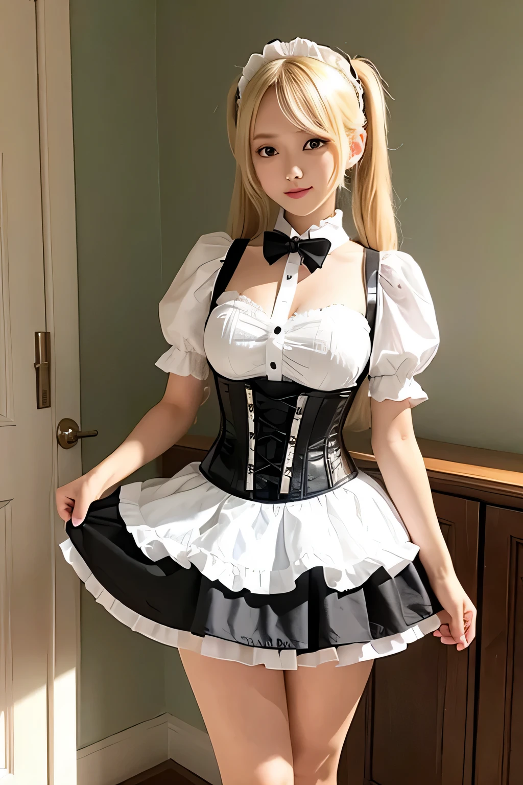 blonde twintails、beautiful maid、wearing a corset、whole body、mini skirt