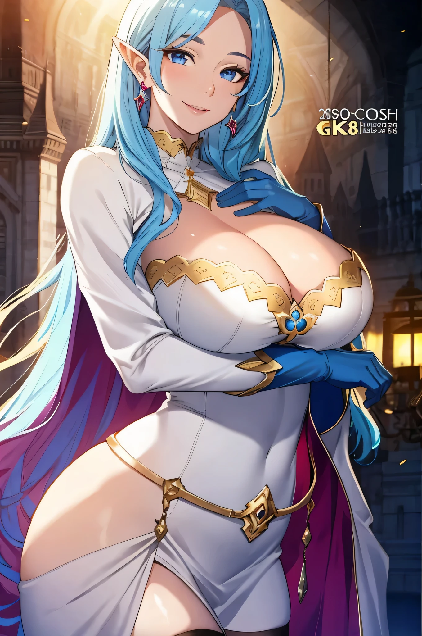 Lian, light blue hair, long elf ears, hair stick, bangs, blue eyes, solo, smiling, standing, upper body, hips, bare shoulders,purple thighhighs, white dress, gold jewelry,armor,gloves,circlet, cleavage, red and gold royal castle, gigantic breasts, (best quality, masterpiece, beautiful and aesthetic:1.2, highest detailed face, perfect face,)  eyes, perfect face,expressive eyes,
looking at viewer, in the center of the image,(Upper_body),(Focus on her face),
official art,extremely detailed CG unity 8k wallpaper, perfect lighting,Colorful, Bright_Front_face_Lighting,shiny skin, 
(masterpiece:1.0),(best_quality:1.0), ultra high res,4K,ultra-detailed
